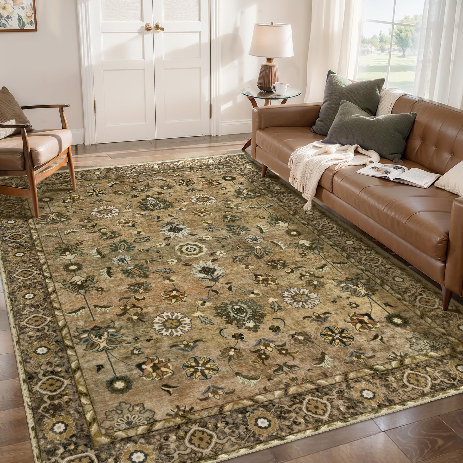 Tangsoo 4x6 Floral Vintage Rug for Living Room, Washable Vintage Area Rug Indoor, Non Slip Brown Rug for Dining Room, Soft Low Pile Rugs, Print