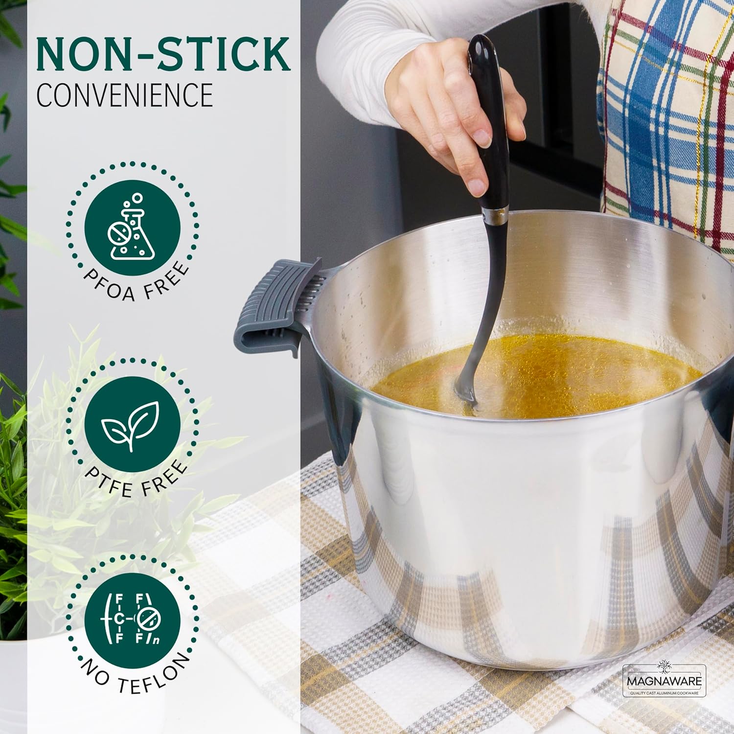 10 Quart Cast Aluminum Stock Pot with Lid - Durable & Lightweight Soup Pot with Even Heat Distribution & Retention - Professional Cookware Stockpot with Silicone Handle Covers