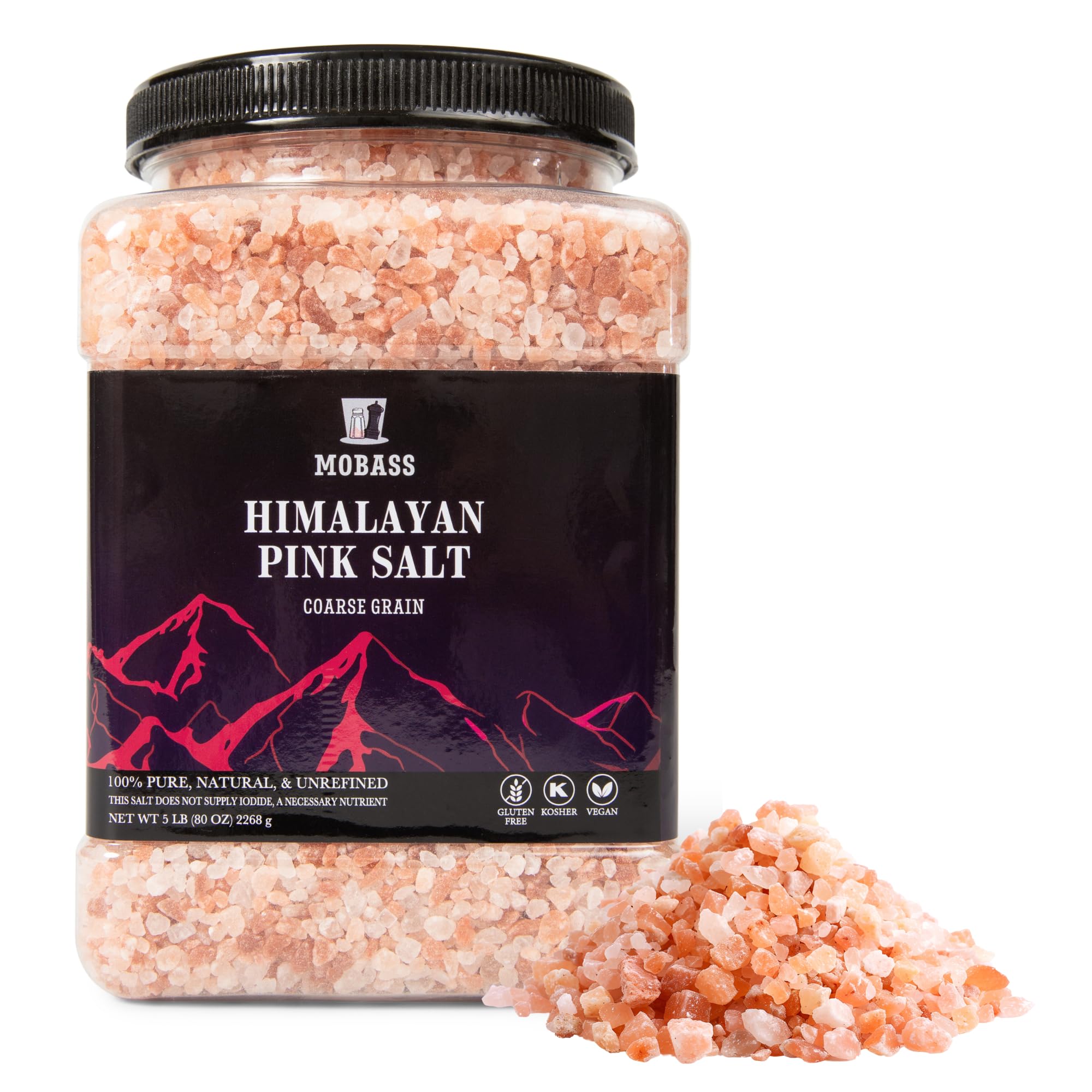 Mobass Himalayan Pink Salt Coarse Grain, 5 lbs Jar | Premium Natural Rock Salt | Bulk Coarse Pink Salt for Cooking, Grilling, BBQ & Grinder Refills |