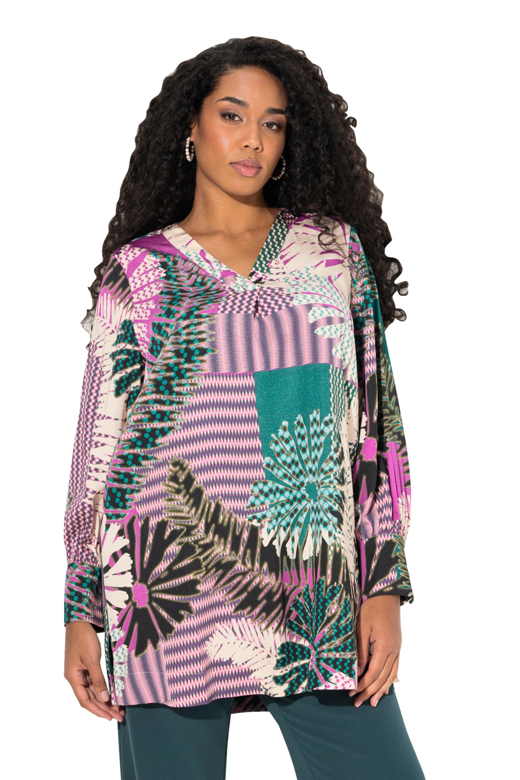 Ulla Popken Damen große Größen Übergrößen Plus Size Blusenshirt, Blüten, A-Linie, V-Ausschnitt, Langarm 832723