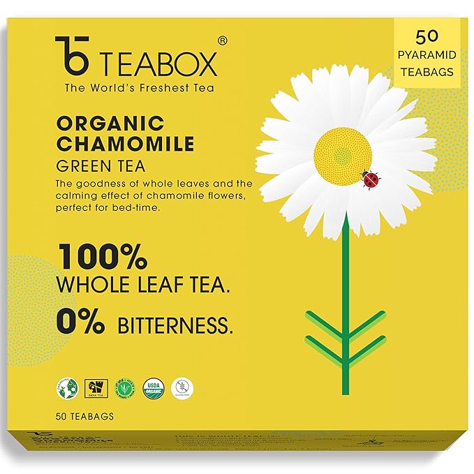 Teabox Chamomile Green Tea for Stress Relief & Good Sleep, Made with 100% Whole Leaf & Natural Chamomile Flowers, 50 Silken Pyramid Tea Bags