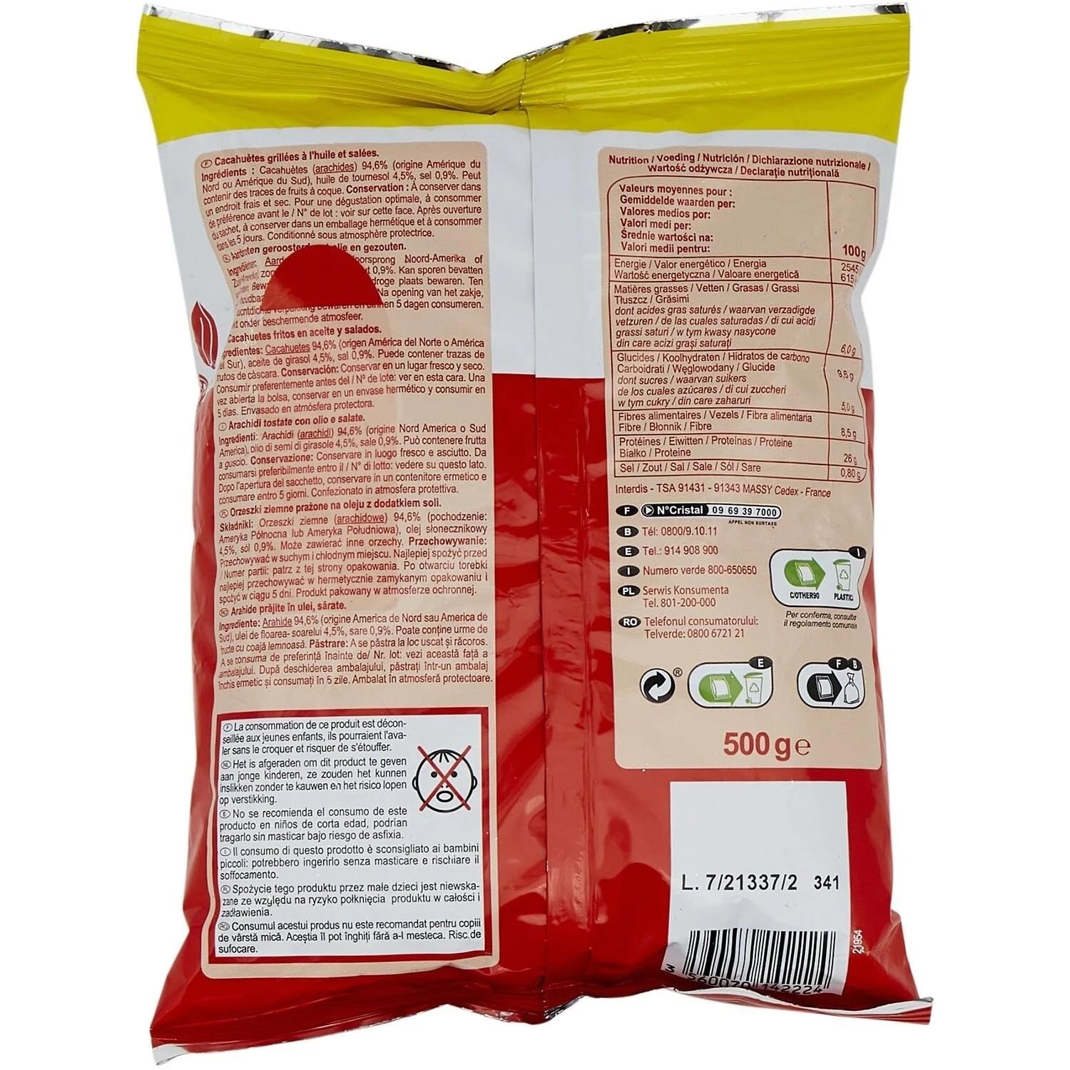 CARREFOUR CLASSIC - Cacahuètes Grillées à l'Huile et Salées - Recette à l'Huile de Tournesol - le paquet 500g - Le Lot De 4
