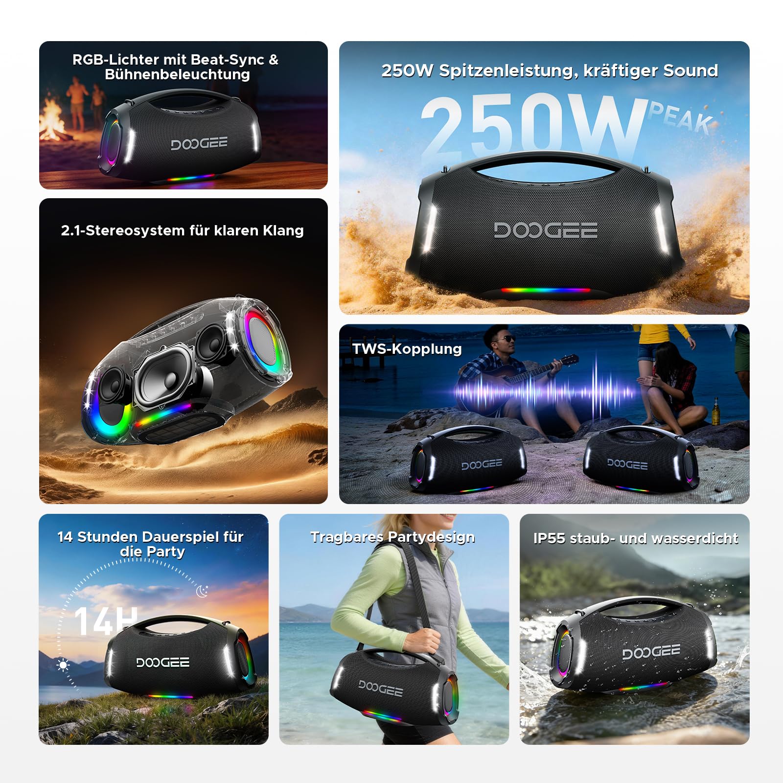Wild Boom Pro Tragbarer Lautsprecher, 220W Subwoofer und 2+1 Stereoklang, IP55 Wasserdicht und stoßfest, 14 Std Akku, Integrierte Powerbank+Mikrofon, USB/TF-Karte/AUX mit Tragegriff, Schwarz