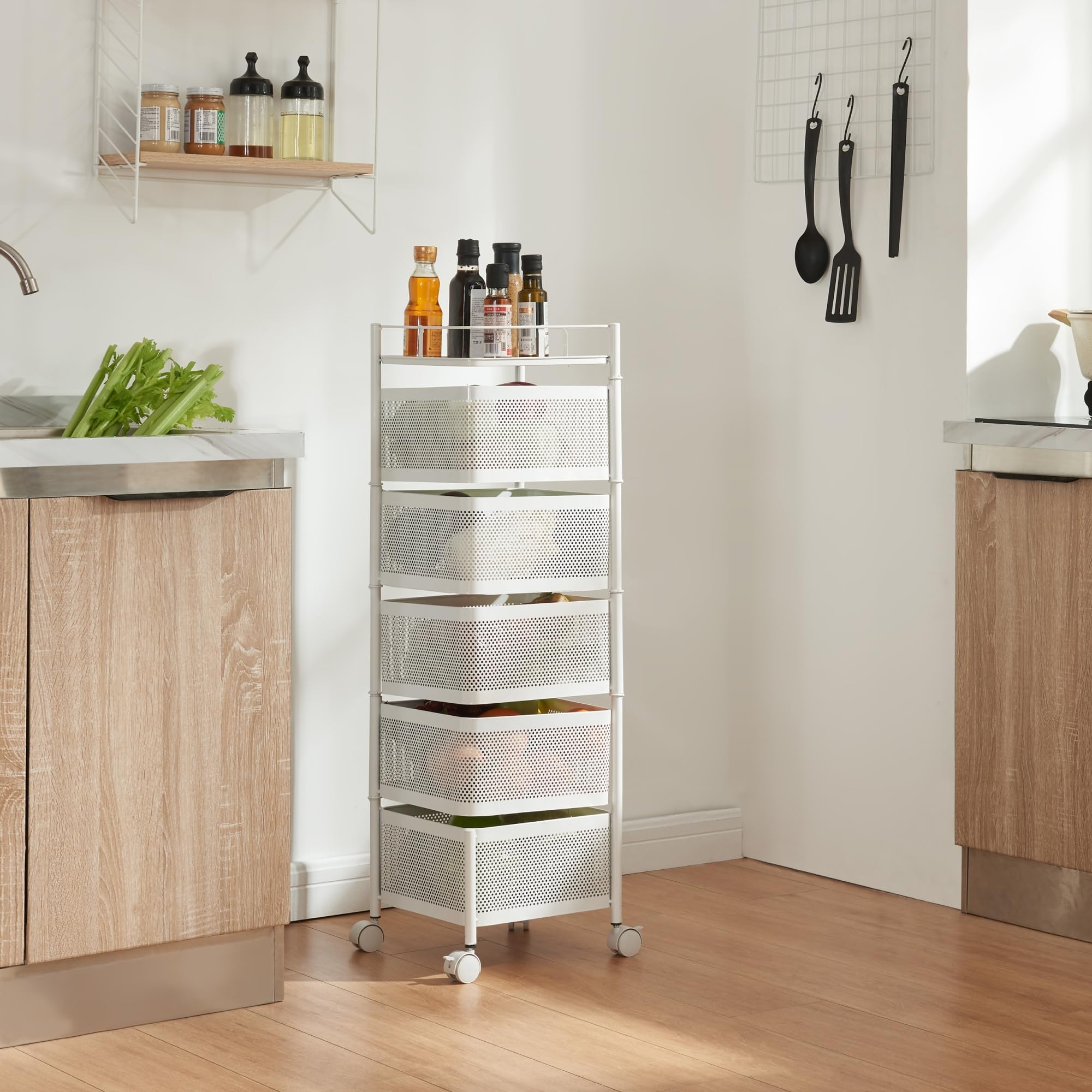 Carrello Organizzatore 5 Cestelli Girevoli - Acciaio, Rotelle Con Freni, Bianco, Per Cucina, Bagno, Ufficio - Foto 4