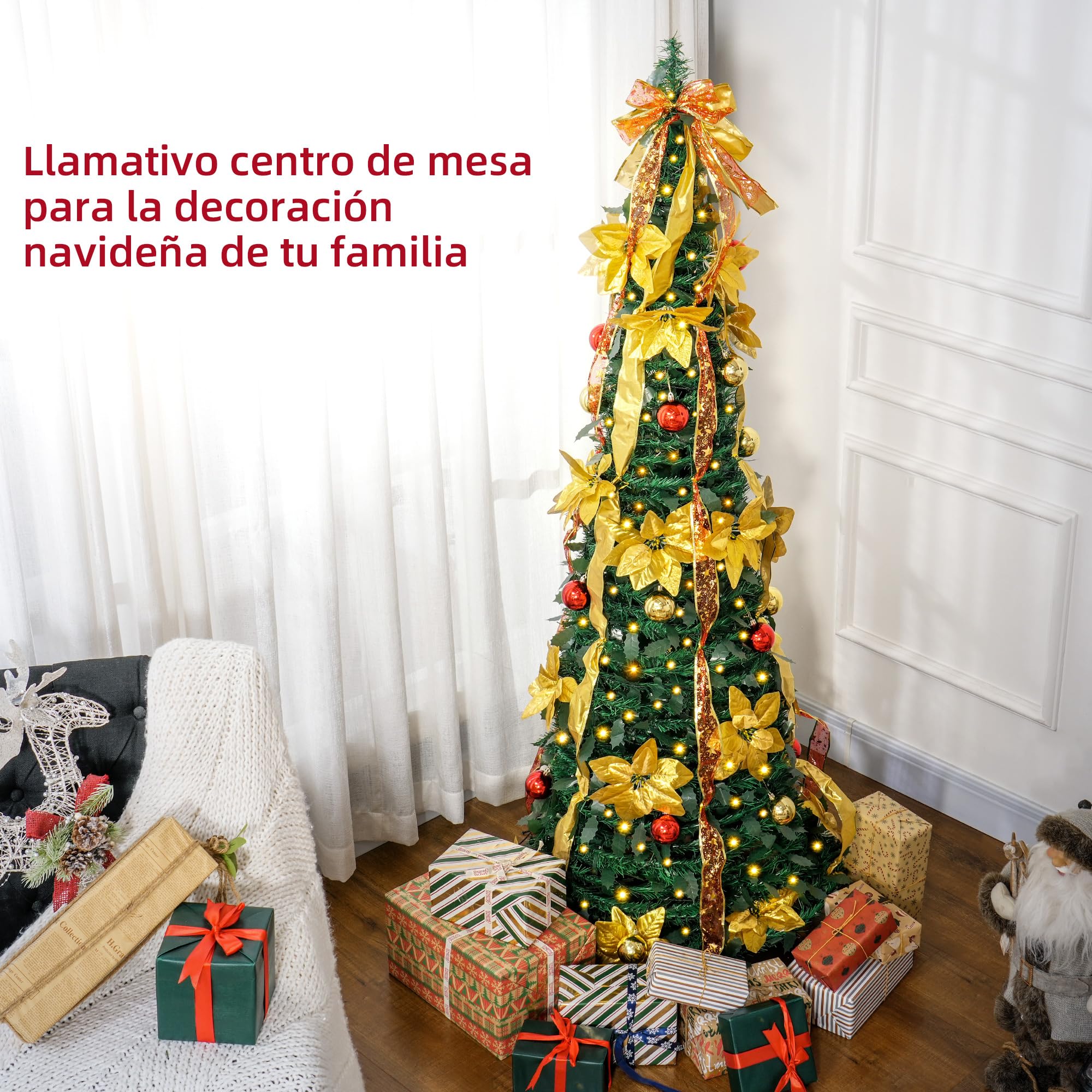 HOMCOM Árbol de Navidad 180 cm con Luces LED Artificial Plegable con Adornos Pre-instalados Árbol Navideño para Interior Verde