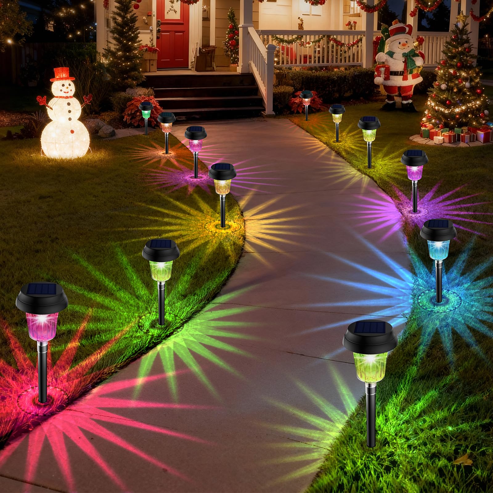 TECKNET Garden Lights Solar Powered, 12 Pack Solar Lights Outdoor Garden Stake Lights with Warm Yellow & RGB Colored, IP68 Waterproof Pathway Light for Path, Auto On/Off