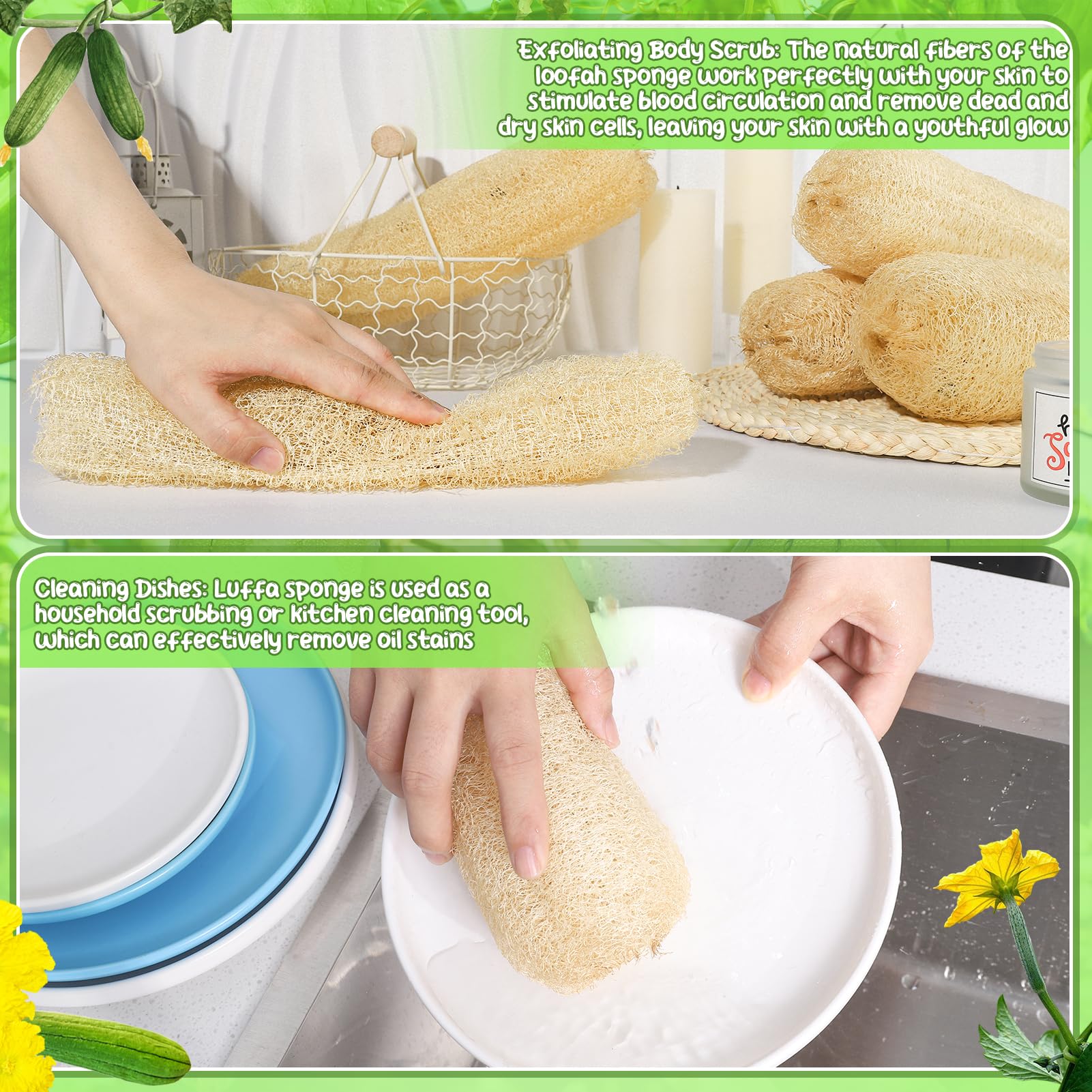 Esponjas naturales de lufa de 11.8 pulgadas, paquete de 6, para platos de cocina, depurador corporal