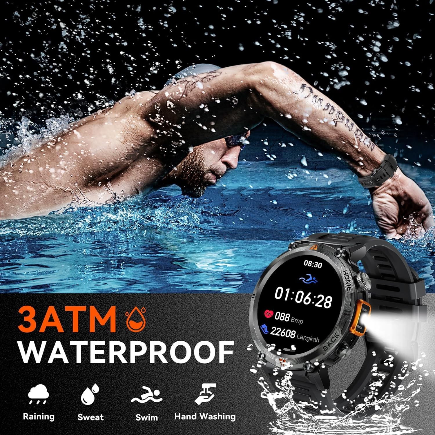 Military Smart Watch for Men with LED Flashlight 1.45” Rugged 3ATM Waterproof Smart Watch with 100+ Sports Modes Fitness Tracker with Heart Rate Sleep Monitor Tactical Smartwatch for iPhone Android