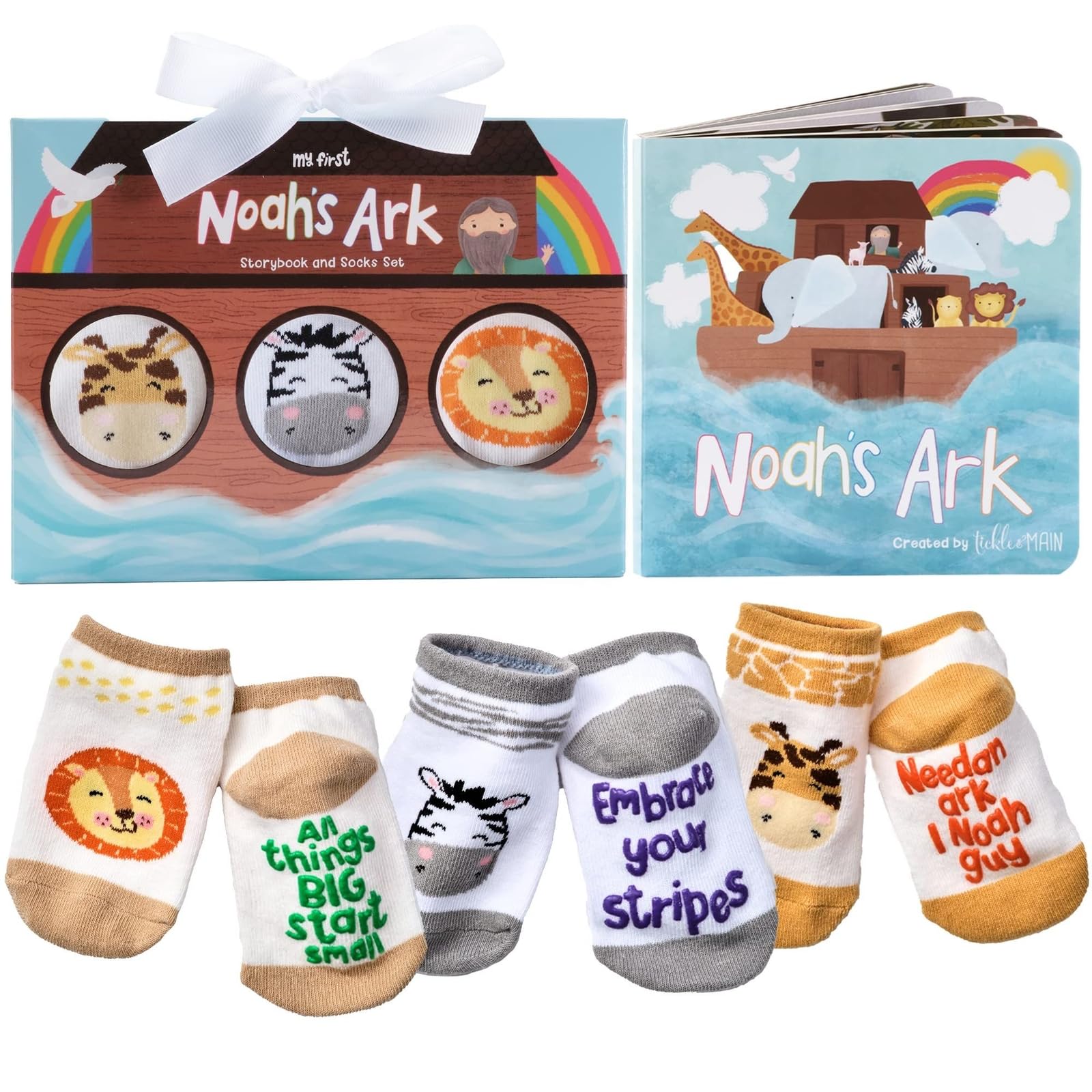 XXLVSPDDTickle & Main Noah's Ark 4-Piece Baby Gift Set for 0-12 Months Baby Boys Girls - Includes Storybook and 3 Pairs of Animal Socks; Christening Gifts, Confirmation Gifts and Gifts from