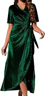 Women's Velvet V Neck Wrap Dress with Ruffle Sleeves, High Waist Maxi Ev...