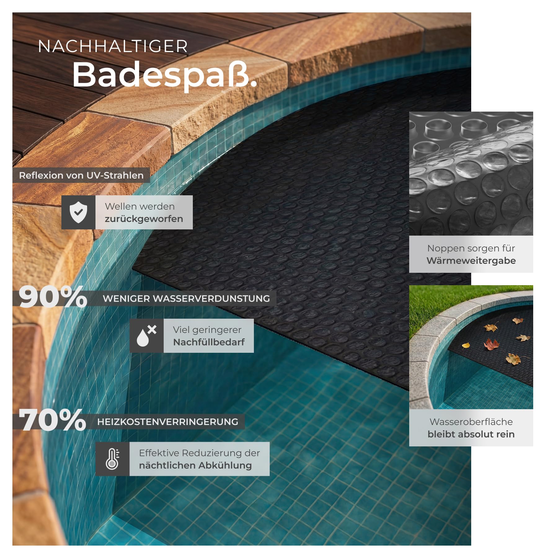 tectake® Poolabdeckung rund Ø 300 cm, 110 µm Stärke, zuschneidbar, selbstschwimmend, schützt Wasser, Solarfolie, Schwimmbadabdeckung, Poolabdeckplane, Poolschutz, Poolabdeckungen - schwarz