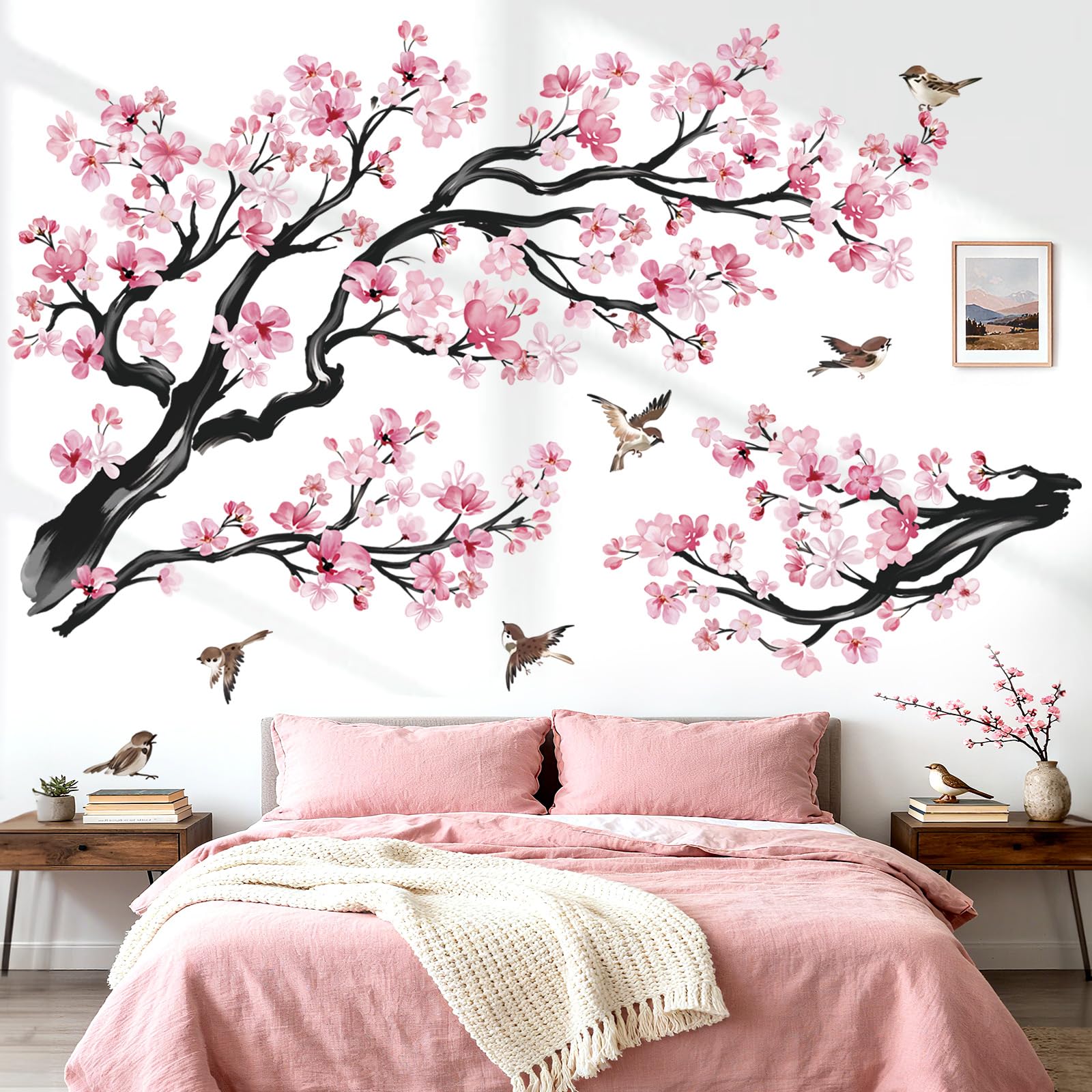 wondever Stickers Muraux Grand Branche de Fleurs Rose Autocollants Muraux Mural Stickers Cerisier Floral Branche Arbre Oiseaux pour Chambre Salon Mur TV