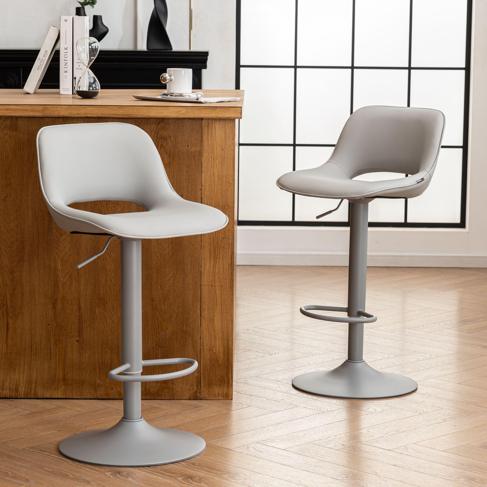 YOUNIKE Taburetes de Bar Juego de 2 Giratorios con Altura Ajustable, Taburetes de Cocina con Acolchado Suave, Taburetes de Mostrador con Respaldo Hueco, Taburete Alta de Bar, Todo Gris