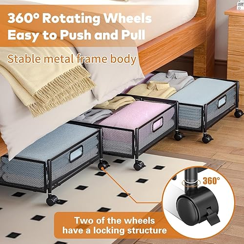 Miniatura 4 de Almacenamiento debajo de la cama con ruedas, contenedores de almacenamiento enrollables debajo de la cama para ropa de zapatos, plegables y de fácil