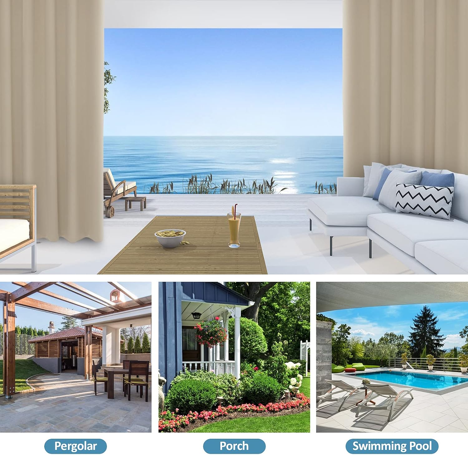 Drewin Outdoor Curtains for Patio Waterproof 1 Panel Windproof Weather Resistant Blackout Curtain Privacy Drapes Indoor Porch Gazebo Cabana Pergola Swimming Pool Sunroom Decor, Taupe 52x84 Inches