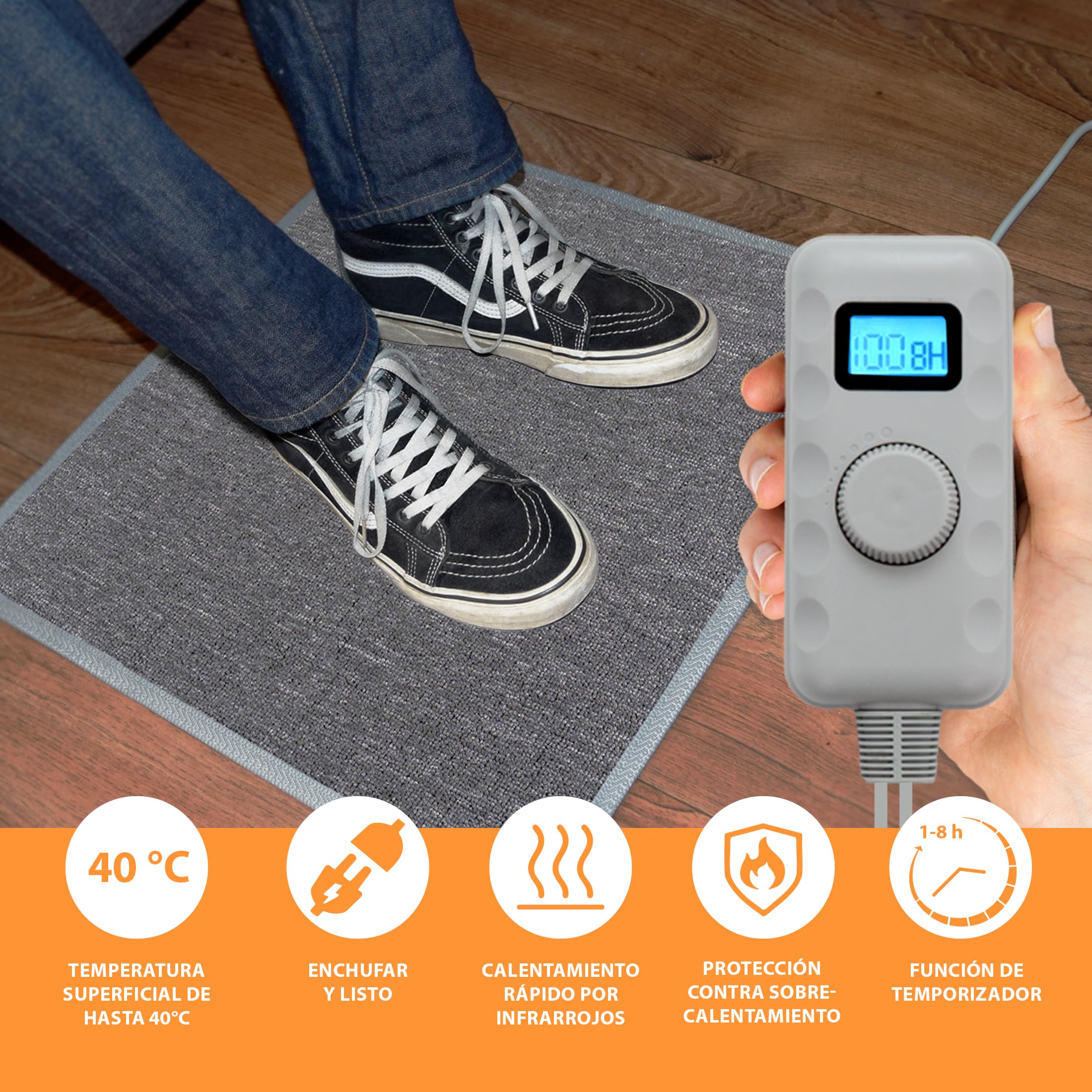 Mi-Heat Warm-Feet Alfombra con Calefacción Infrarrojos (55x80cm) – Estera Térmica con Temporizador y Dimmer, aprox. 40°C 230V – Base Antideslizante para Oficina y Casa, Gris Antracita