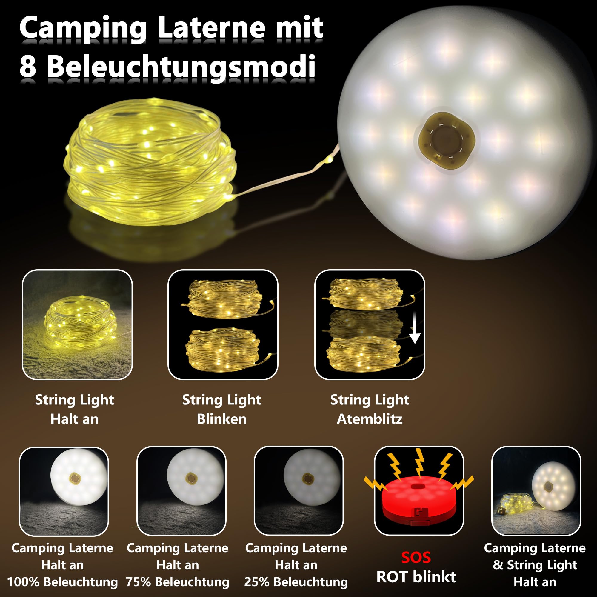 Catena Luminosa Da Campeggio Solare 10 M – Con Batteria 3600 MAh E Telecomando – Luci LED, Impermeabile, Ricaricabile USB, Power Bank Integrato