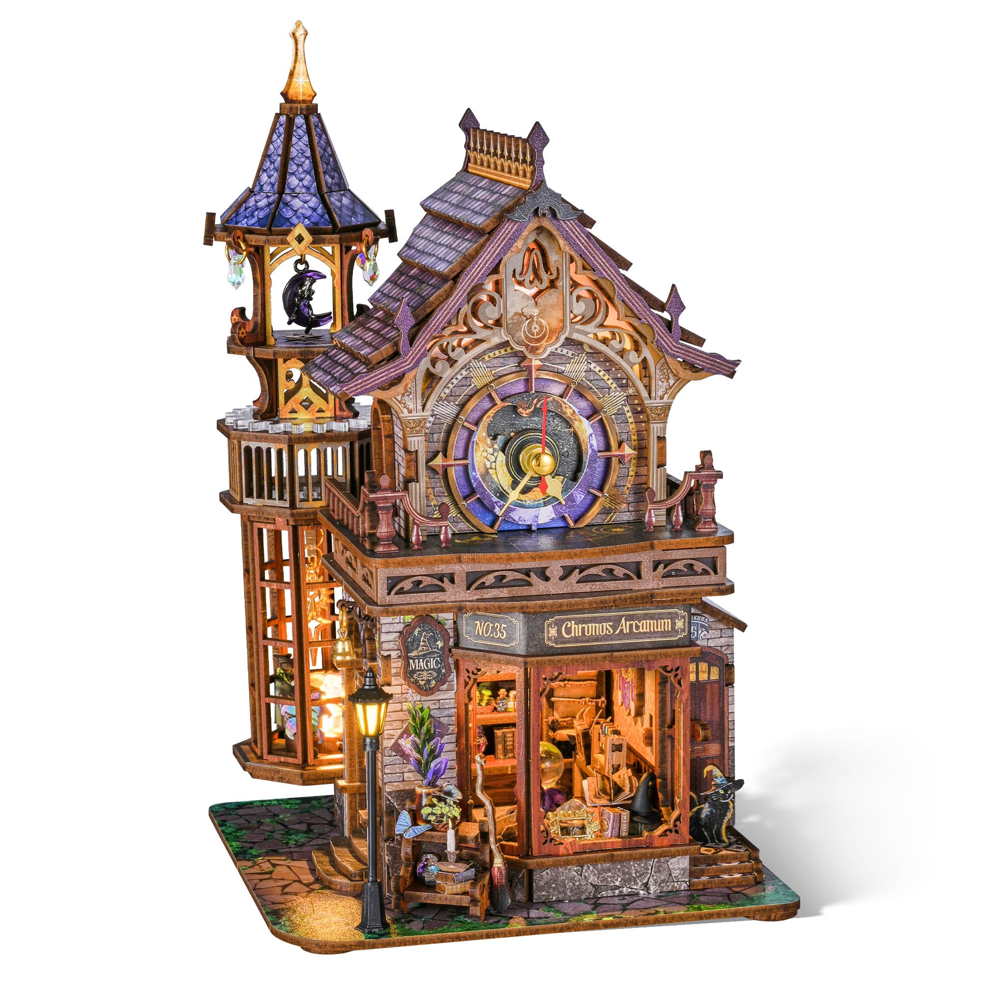 FUNPOLA Puzzle 3D en Bois LED Club de Magie du Temps – Modèle mécanique Dynamique, lumières et Mouvement, Kit Miniature DIY Tour d’Horloge Fantasy, Décoration pour Adultes et Adolescents（14+）