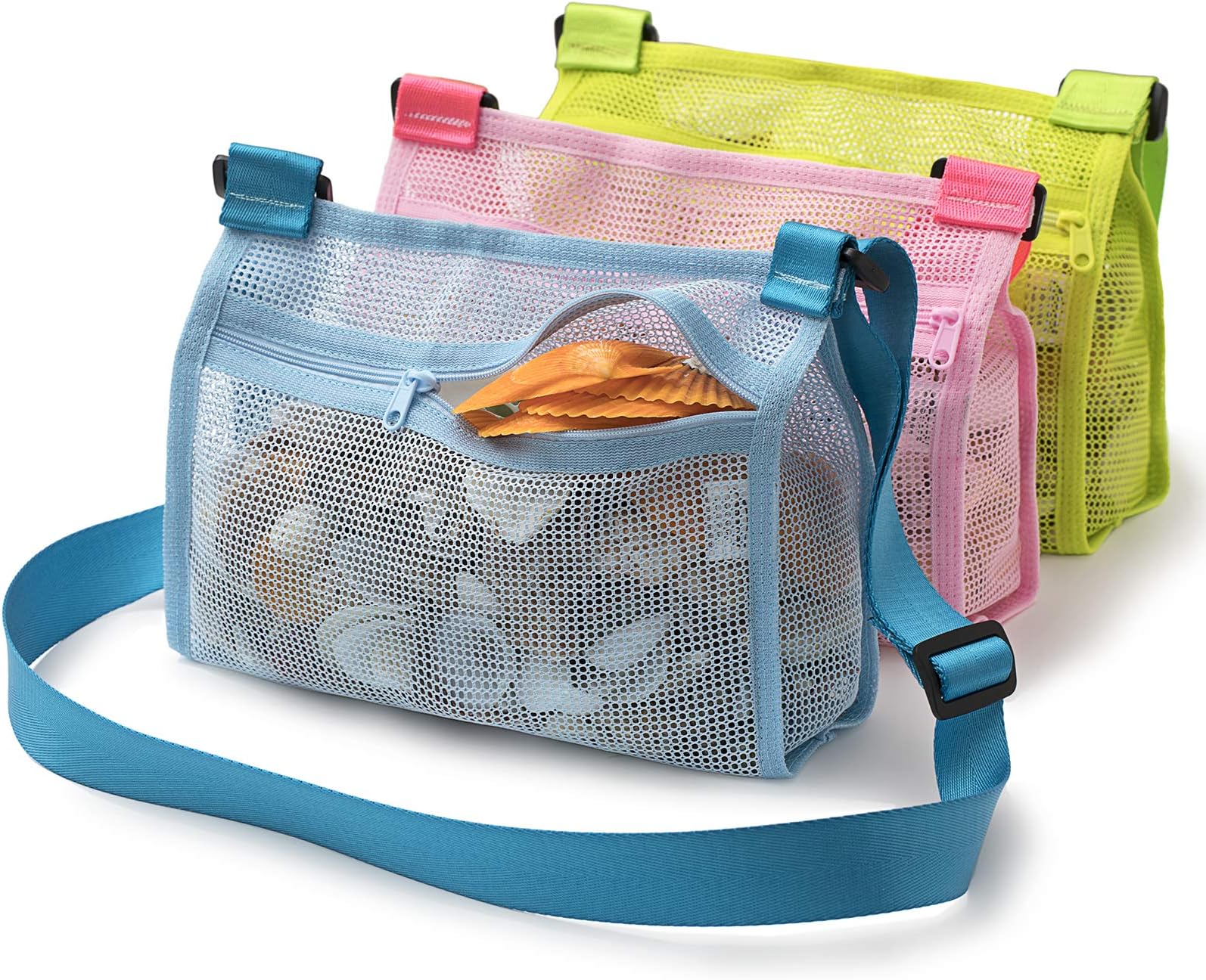 Tenrai Seashell Mesh Tote, Shell Bag, Beach Toy Bag, Toy Bags, Kids Sandboxes, Nets Bag (Blue & Pink & Green, 3 Packs)