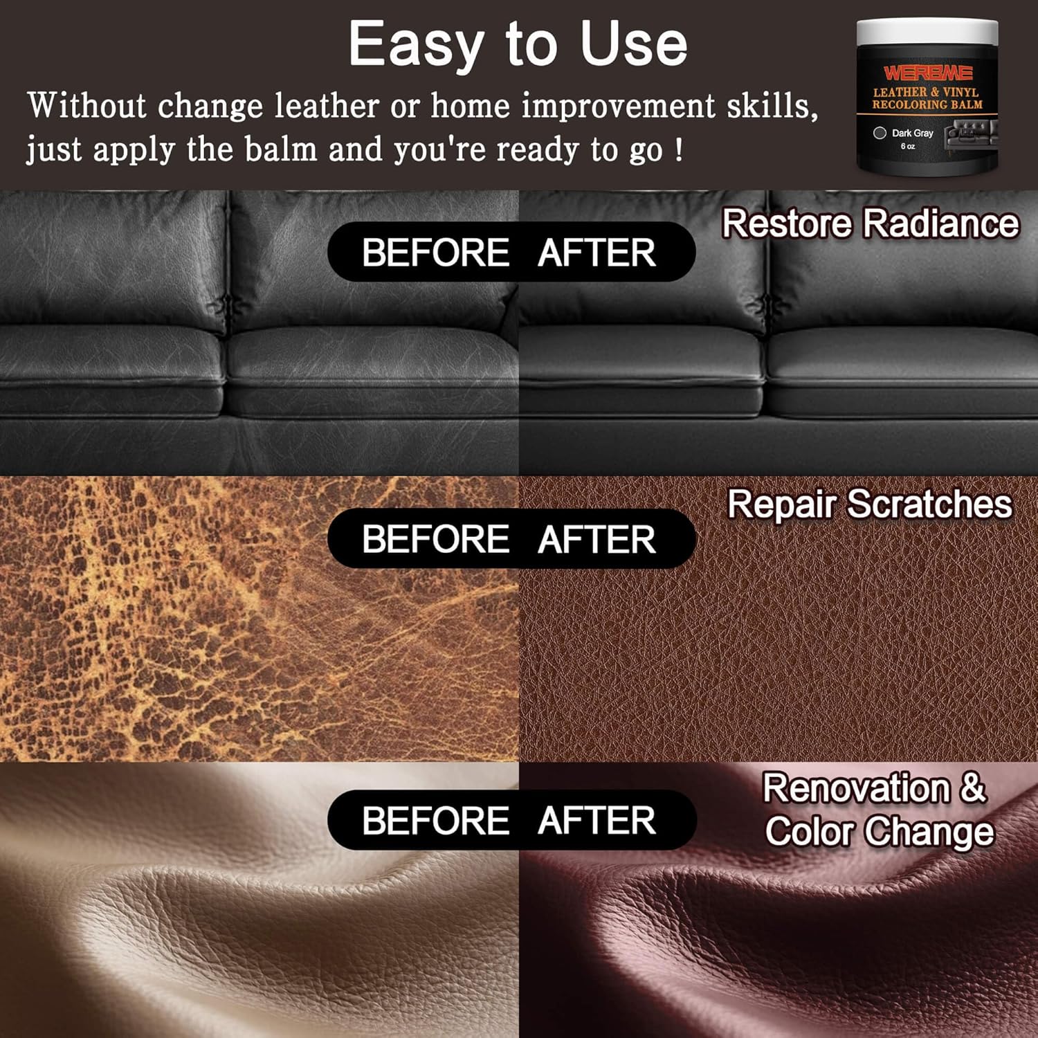Leather Recoloring Balm & Color Restorer - Multipurpose Dye & Paint for Faded Leather Couches, Car Seats, Shoes | Fix Scratches on Clothing, Furniture & Accessories(Dark Gray) - Image 3