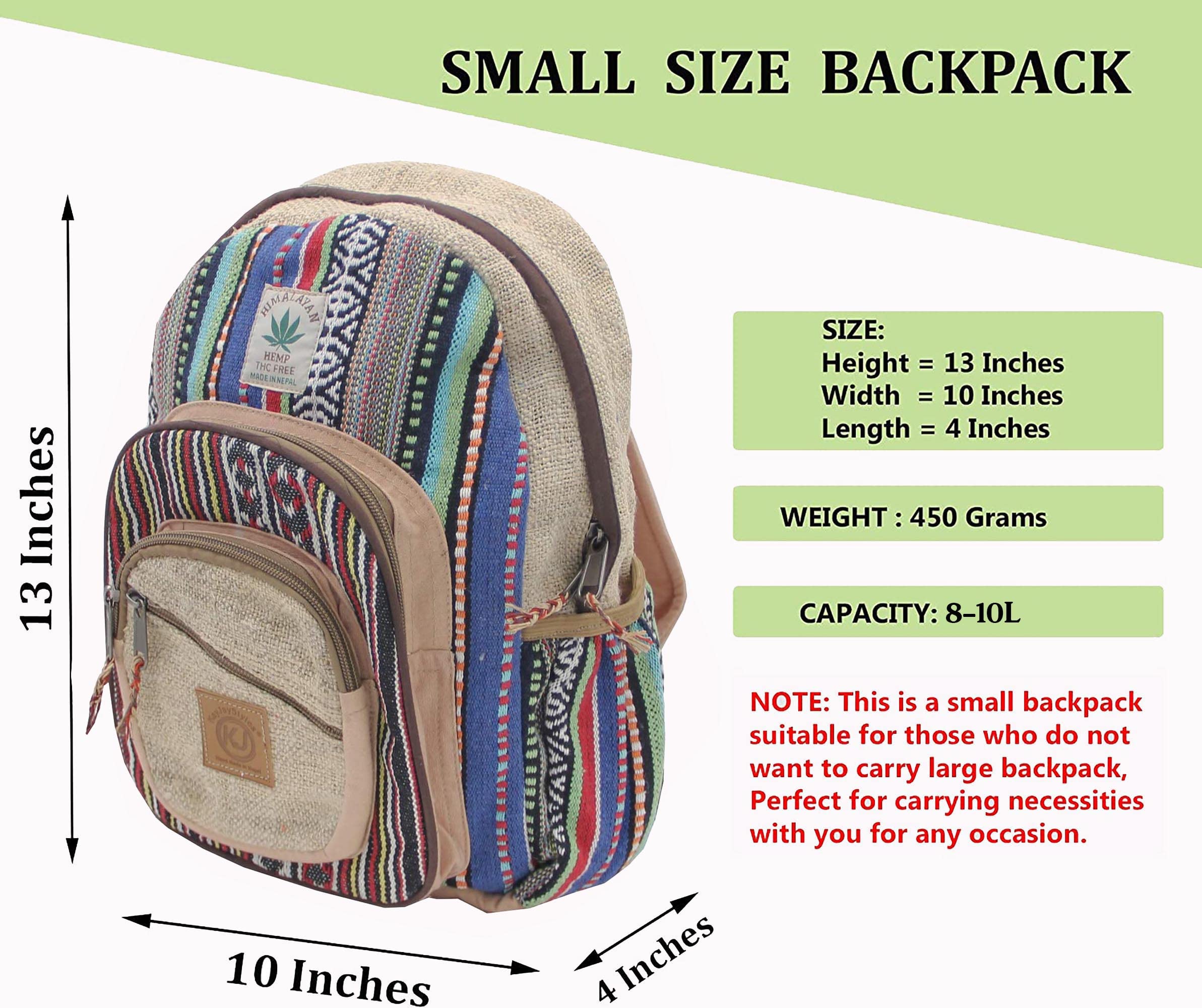 Zaino fatto a mano in canapa naturale Nepal per donne e ragazze, piccolo zaino leggero, Daypack1, M