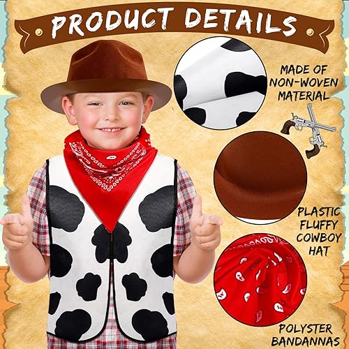 Miniatura 4 de El juego de 18 piezas de disfraz occidental para niños incluye 6 sombreros de fieltro de vaquero occidental con 6 bandanas, 6 chalecos de vaca para