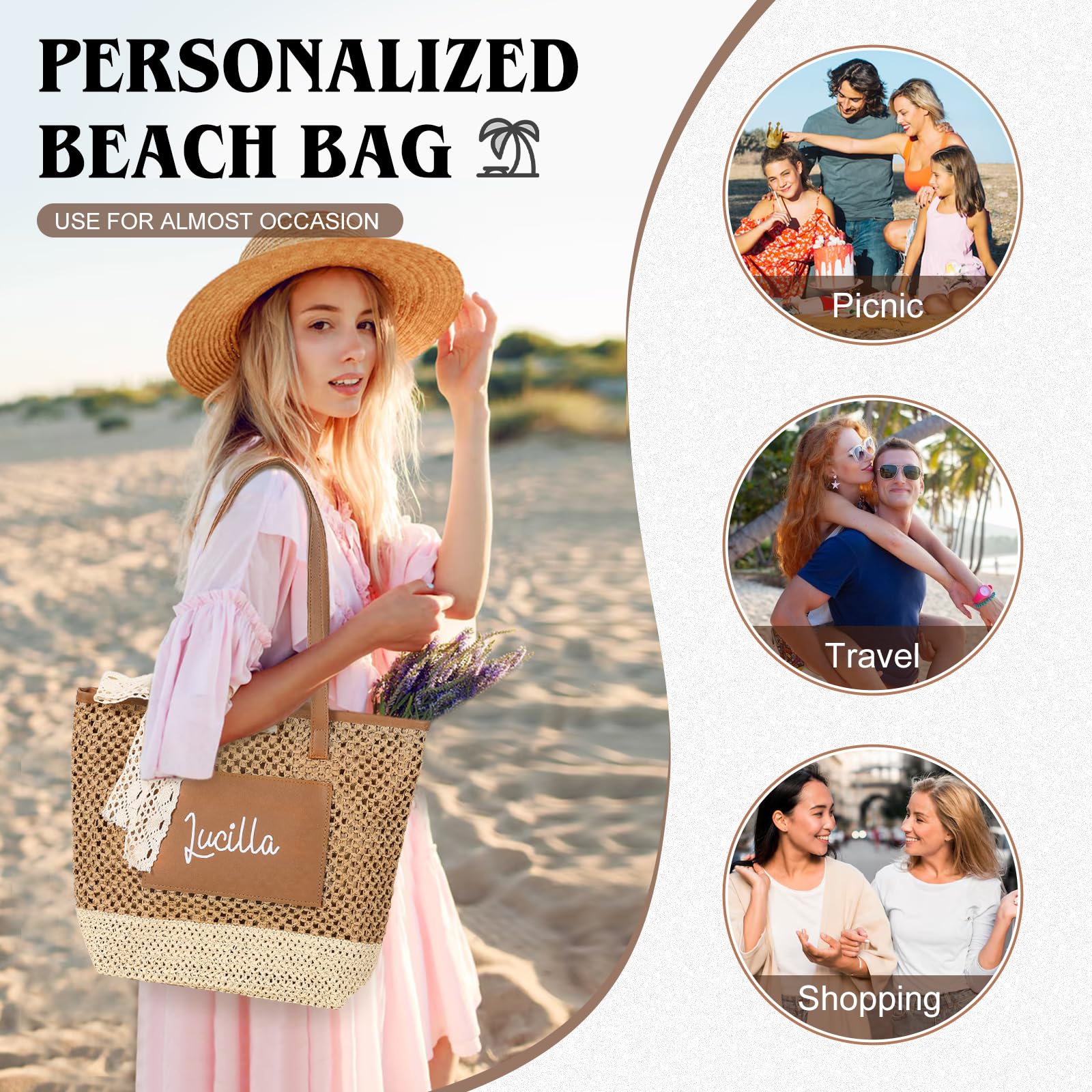 Jeweidea Bolso de Playa Personalizado para Mujer con Nombre Bolso Rafia Mujer Verano Tote Bohemio para Playa/Viajes/Piscina