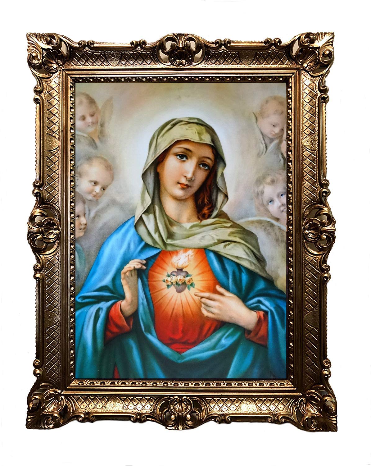 Mutter Maria Magdelena Engel Herz Antik Barock Rahmen mit Bild Wandbild 70x90cm Kunstdrucke Gemälde Religiöse Bilder Kunst von Heiligen Heiligenbild Retro Repro für Home Büro Praxis Café 58B