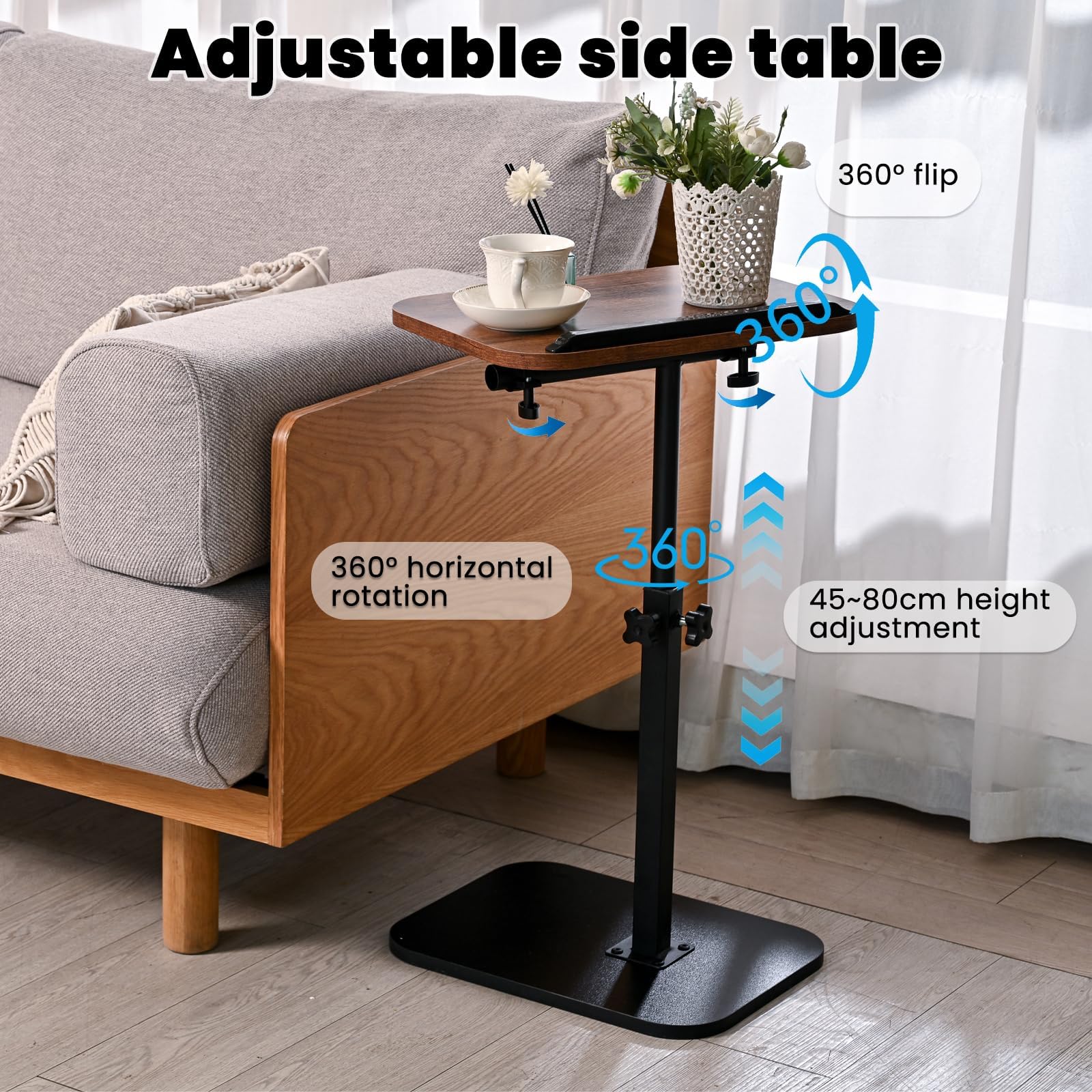 C-Tisch-Beistelltisch höhenverstellbar Laptop-Tisch für Couch, Bett, Leseecke C-förmiger Beistelltisch für Couch 360° drehbarer TV-Tablett Couchtische, die darunter gleiten (Rustic Brown)