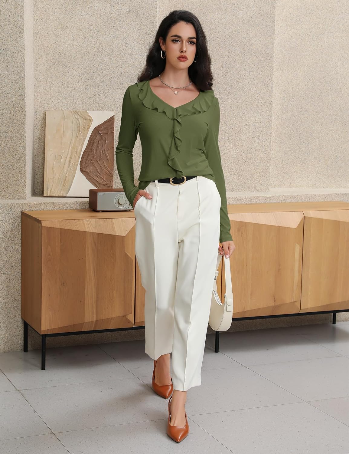 Women's Long Sleeve Shirts Dressy Casual V Neck Ruffle Knit Tunic Tops 2025 Fall Trendy Work Blouse - Image 3