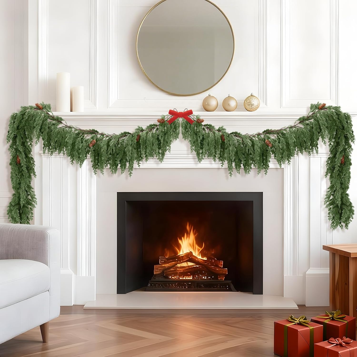 1 Pack 6FT Christmas Artificial Cedar Garland with Pine Cones,Real Touch Greenery Cypress Garland,Realistic Faux Cedar Garlands for Xmas Table Mantle Wall Room Outdoor Indoor Decoration - Image 6