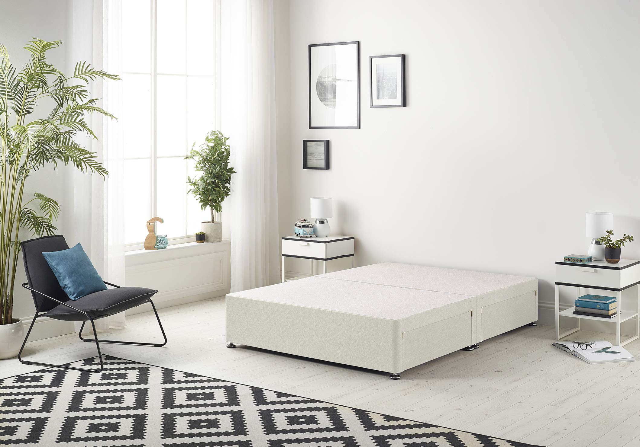 Bed Centre Flexby Divan Base Only with No Drawers and No Headboard - Available in 3ft,4ft,5ft and 6ft- Fabric (5FT King, Plush Ivory Fabric)