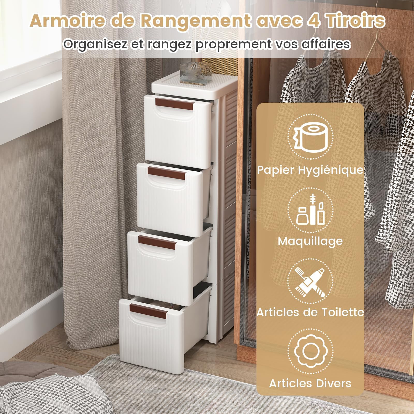 GOPLUS Tour de Rangement Étroit à Roulettes Intégrées Amovibles, Colonne de Rangement Salle de Bain en Plastique avec 4 Tiroirs, Gain de Place 19x42x109CM, Salle de Bain, Cuisine, Bureau, Blanc