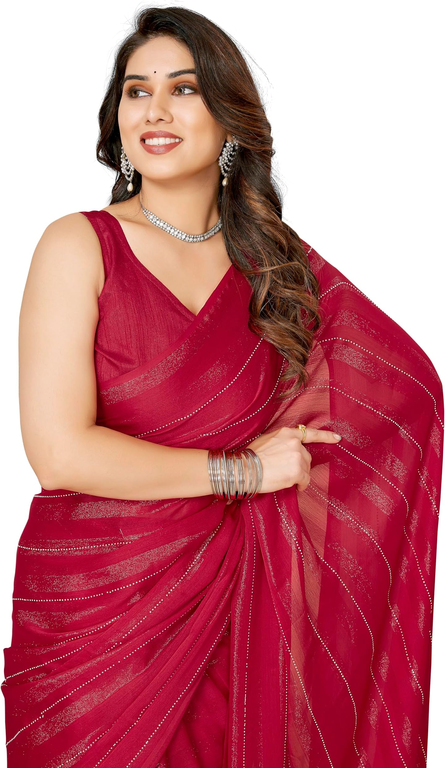 Women Soft Rimzim Silk Striped Pattern Ready To Wear Embroidery Saree (2055)