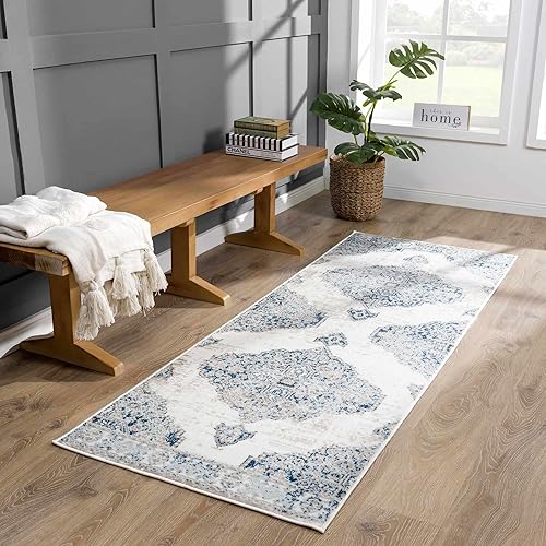 Miniatura 1 de Hauteloom Monaco Collection - Alfombra de pasillo oriental para cocina, aspecto tradicional, envejecida, color azul, crema, beige, gris, 2 pies 7