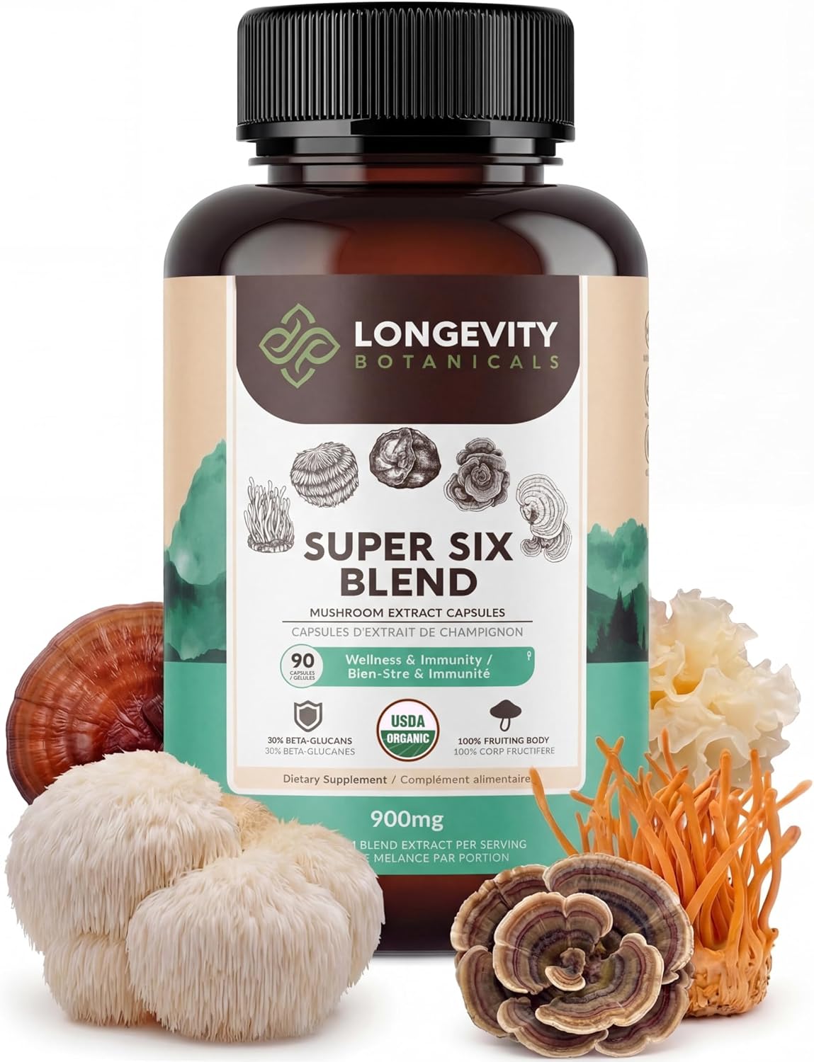 Organic Super Six Mushroom Capsules Supplement Extract 90ct | Lion's Mane, Reishi, Cordyceps, Turkey Tail, Chaga & Tremella Full-Spectrum Complex | Fruiting Body | ≥30% Beta-D-Glucans | Daily Wellness
