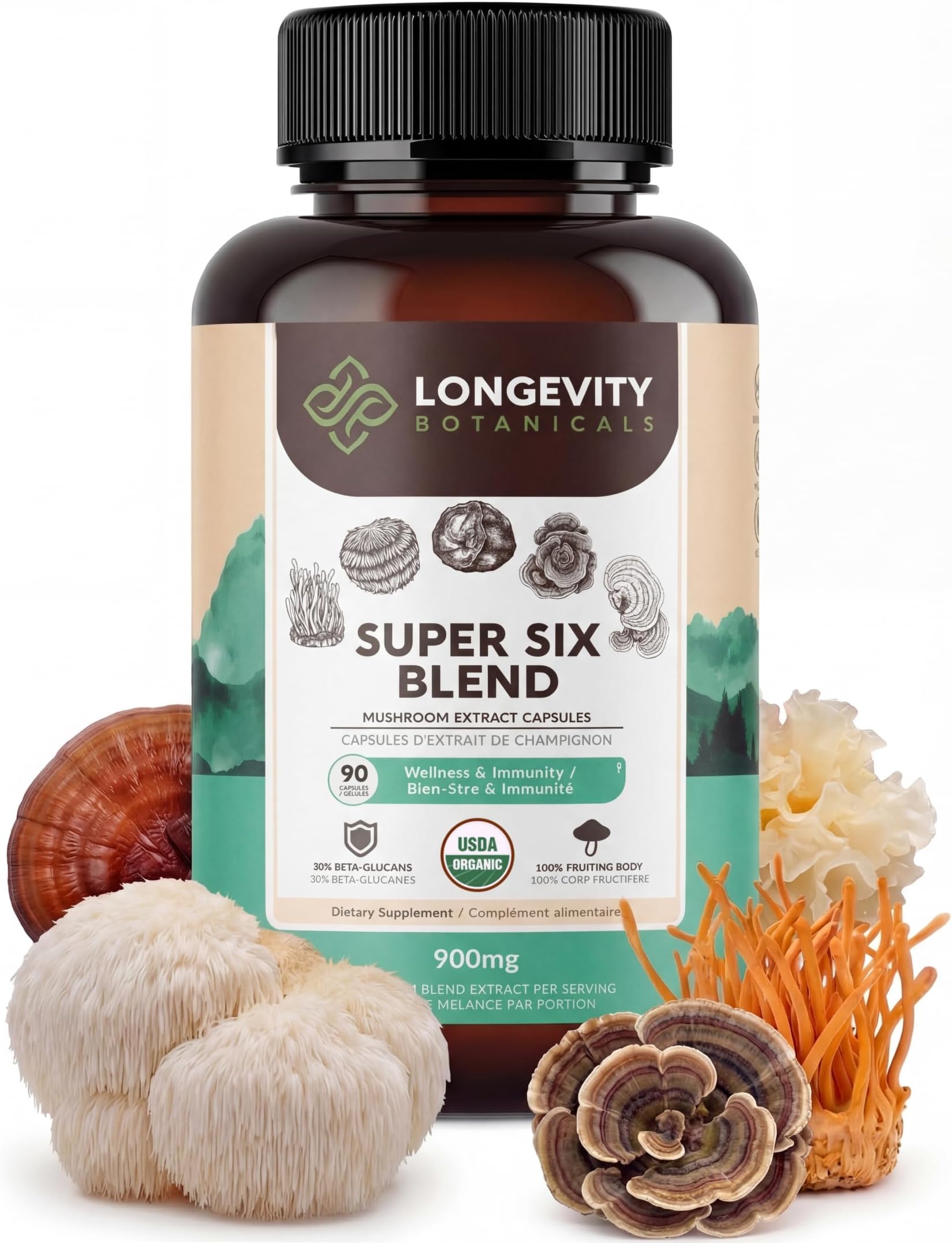 Organic Super Six Mushroom Capsules Supplement Extract 90ct | Lion's Mane, Reishi, Cordyceps, Turkey Tail, Chaga & Tremella Full-Spectrum Complex | Fruiting Body | ≥30% Beta-D-Glucans | Daily Wellness