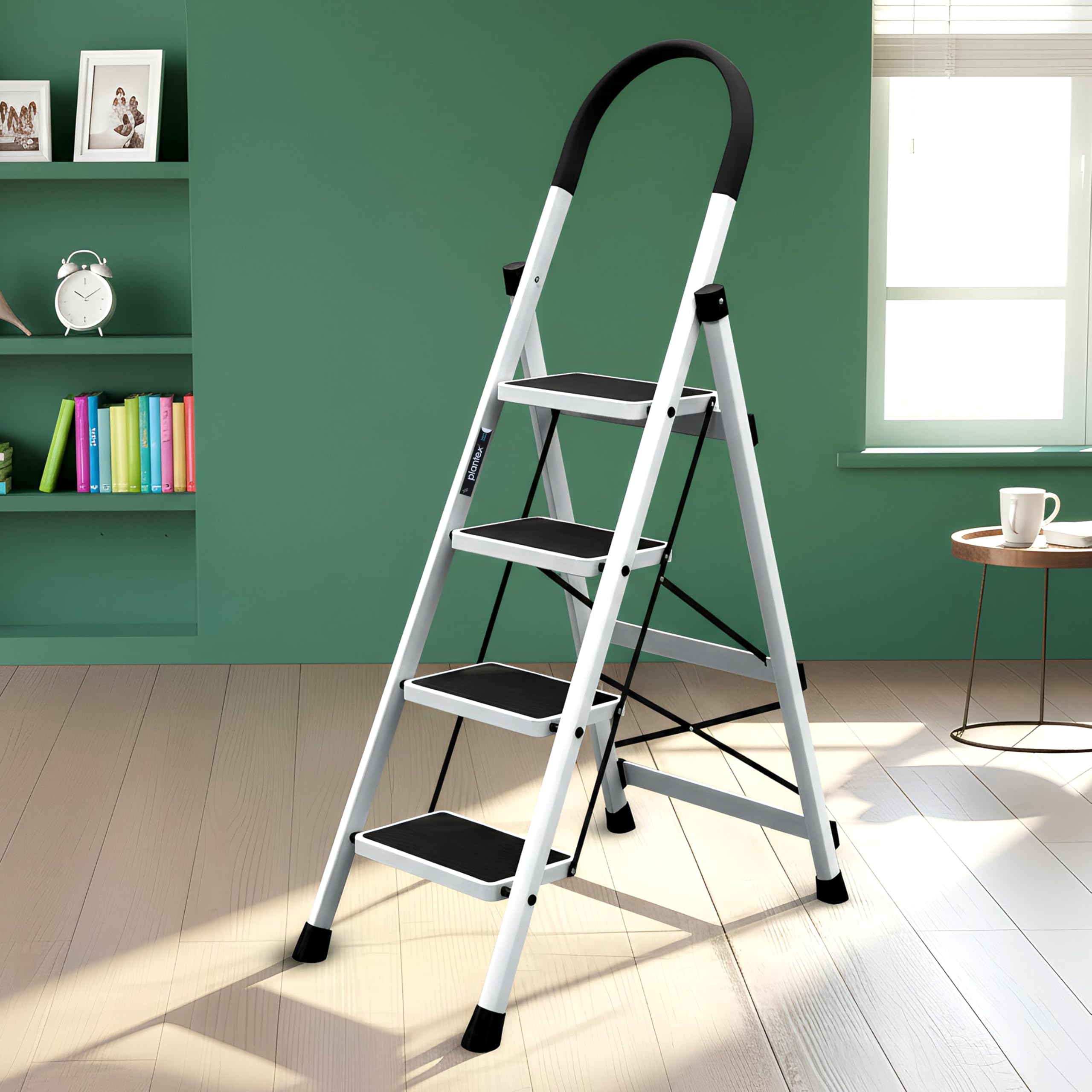 Steel Ladder for Home/Strong Foldable Wide 4 Step Ladder/Anti-Skid 4 Step Ladder - (Apex - White)