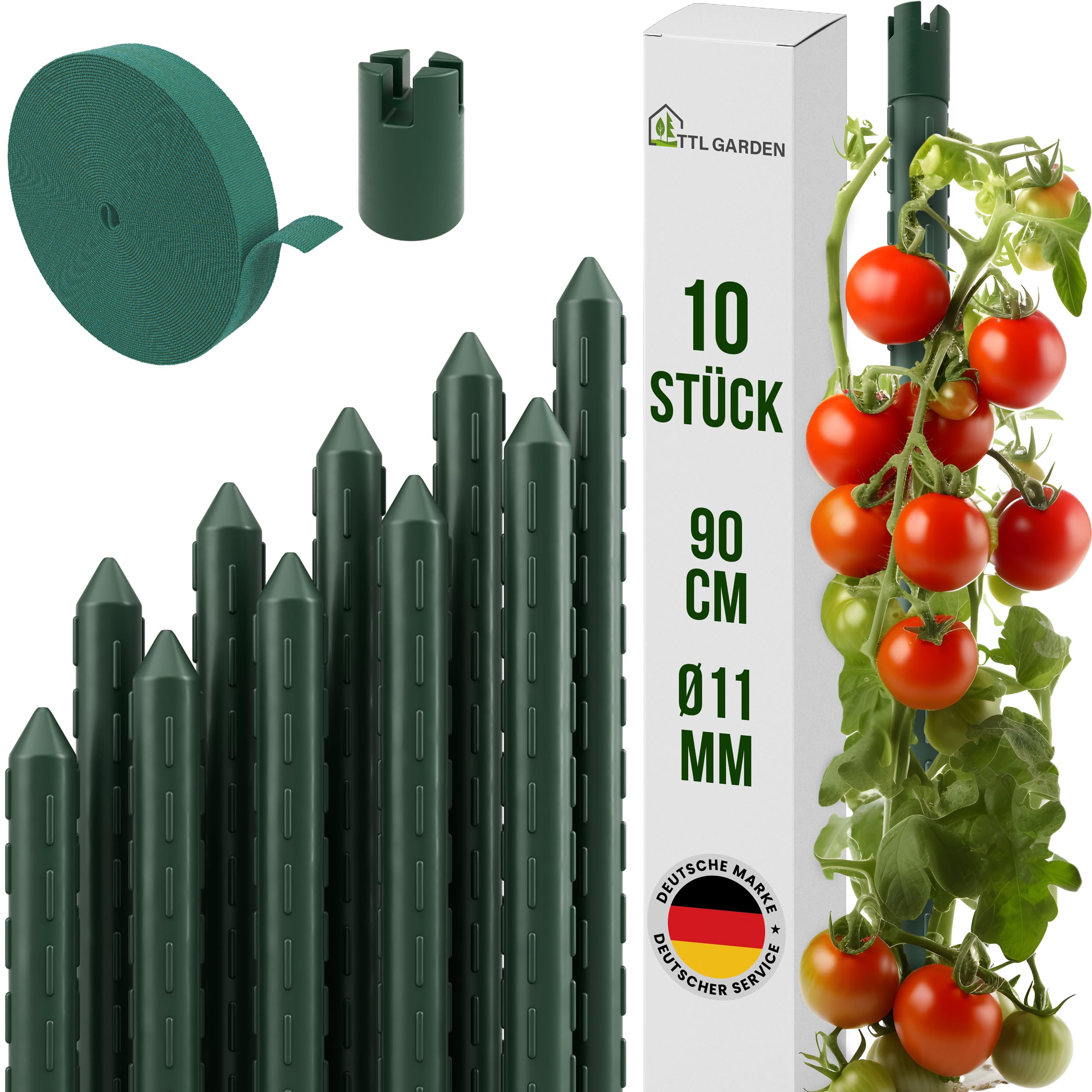 TTL GARDEN Rankstäbe 10er Set 90cm x 11mm Ø grün - Rankhilfe Pflanzstäbe + Klettband - Stahl rostfrei kunststoffbeschichtet Pflanzenstütze Blumenstütze für Tomaten Paprika Gurken Bohnen & Blumen