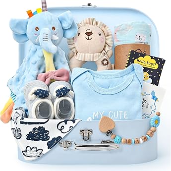 Baby Gift Boys Girls Newborn Gifts for Birth with Comforter Blanket / Baby Rompers / Socks / Muslin Blanket / Rattle Nappy Cake Gift Box Baby Shower Party Gender Reveal Gift Blue