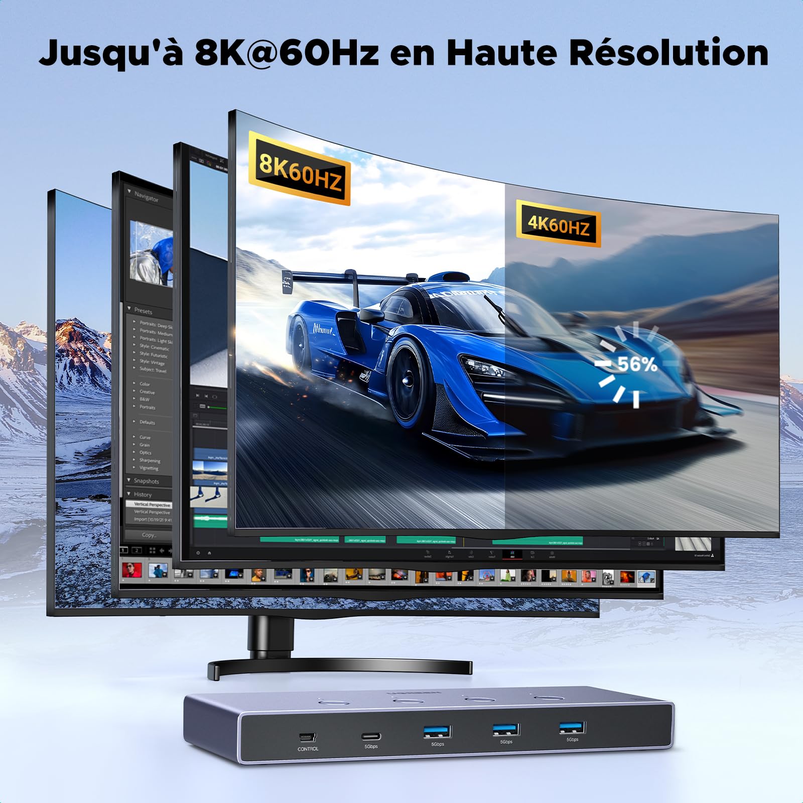 UGREEN Switch HDMI KVM 8K 60Hz 4K 240Hz 4 Entrées 1 Sortie | Commutateur KVM Switch avec 4 Ports USB 5Gbps 3A1C pour Clavier Souris Disque Dur avec Contrôleur de Bureau et Câbles HDMI