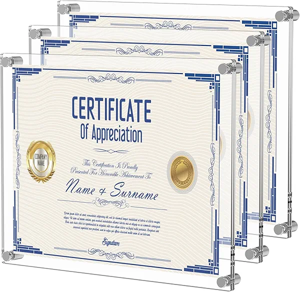 MaxGear 8.5 x 11 Acrylic Floating Picture Frame, Wall-Mount Clear Photo Frames,Plactis Haning Frameless Lutice Frame A4 Letter Size for Diploma, Picture, Document, Certificate, Artworks, 3 Pack