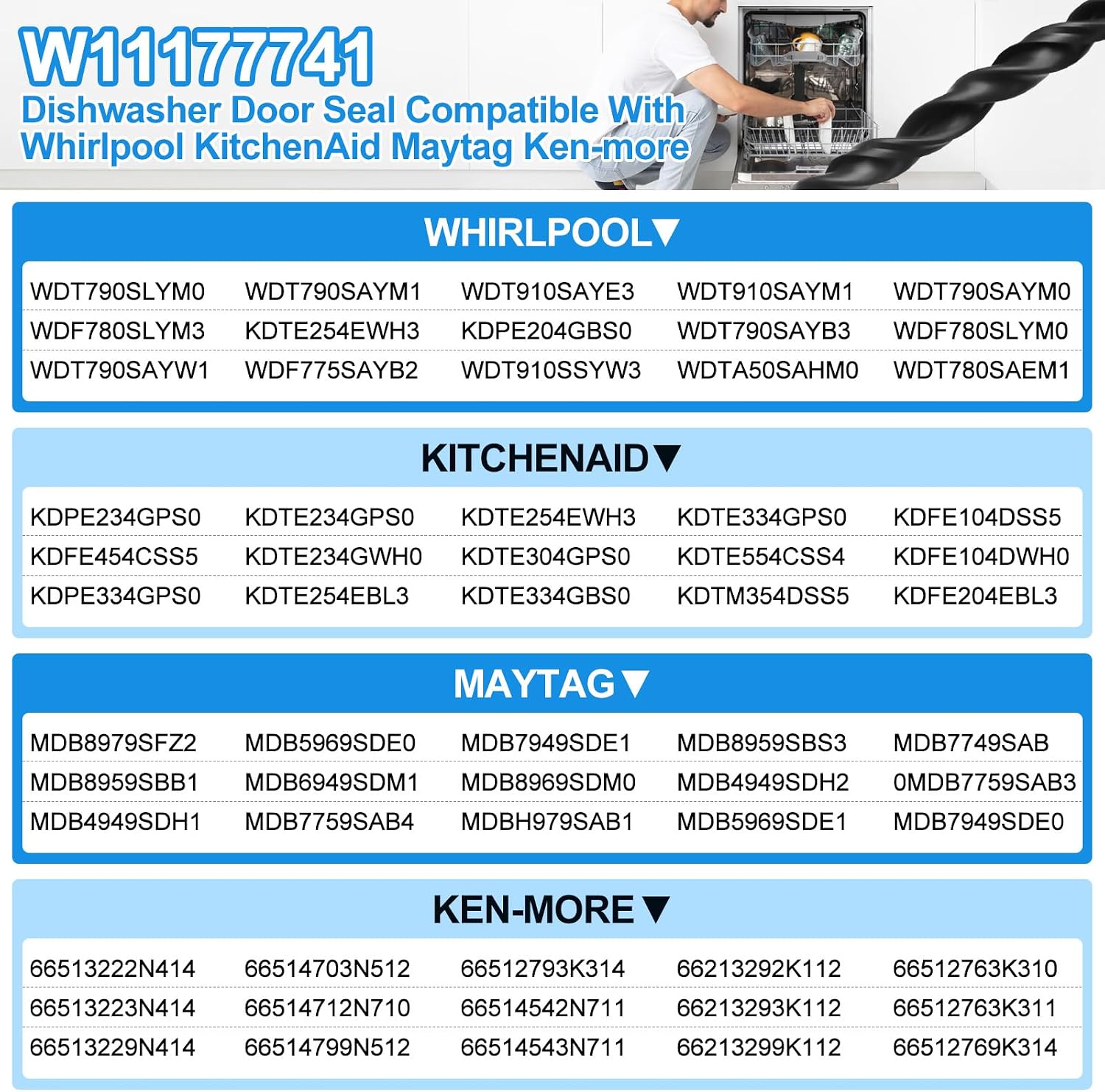 Upgraded W11177741 Thicker Dishwasher Door Seal Gasket-79.5", Compatible with Whirlpool Kitchenaid Dishwasher Part KDPE334GPS0 KDTE234GPS0, For Kenmore 665 Dishwasher Parts WDT730PAHZ0 WDTA50SAHZ0