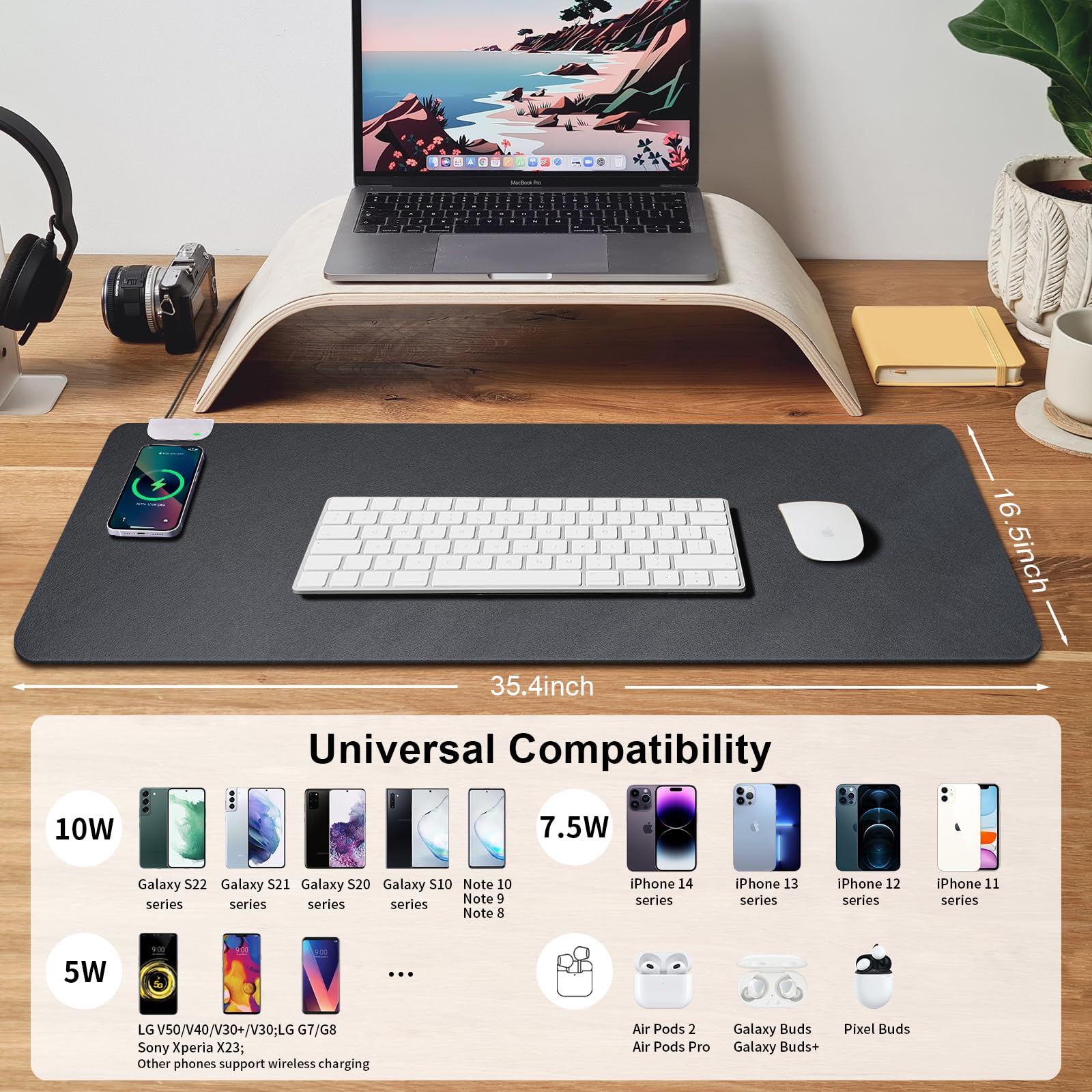 GORESE Sottomano Scrivania Ufficio in Pelle PU, Tappetino mouse con Ricarica Wireless 10W, Supporta Qi, Impermeabile, Nero 90x42CM