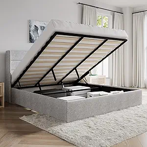 SHA CERLIN King Size Lift Up Storage Bed/Modern Wingback Headboard/Upholstered Platform Bed Frame/Hydraulic Storage/No Box Spring Needed/Wood Slats Support/Light Grey