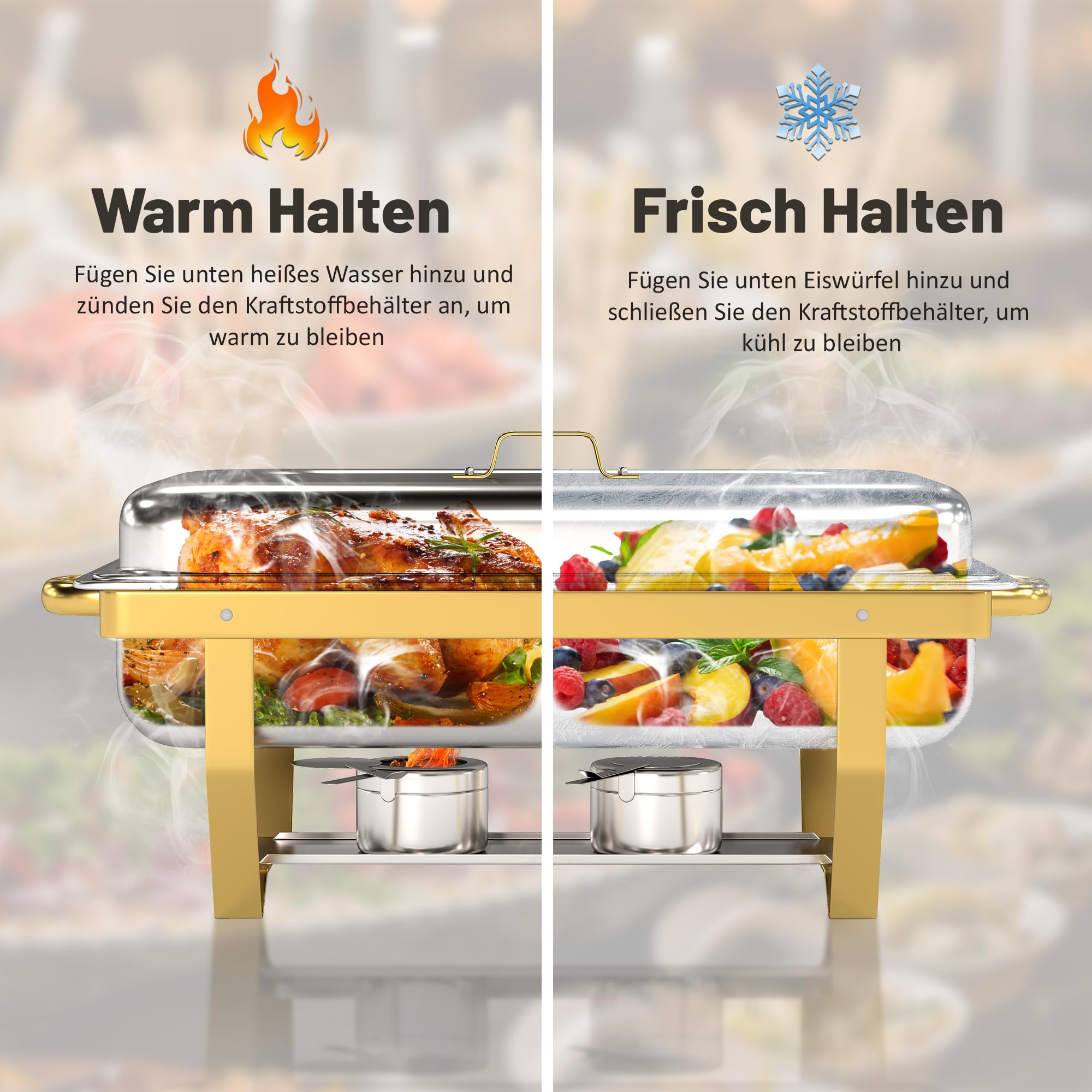 4 Stück Rechteckig Chafing Dish 9QT Edelstahl Warmhaltebehälter | Bain-Marie Heizung, 7 Pfannen, Komplettes Set mit Utensilien, Faltbarer Ständer, Stapelbare, für Kreise, Hochzeit, Catering