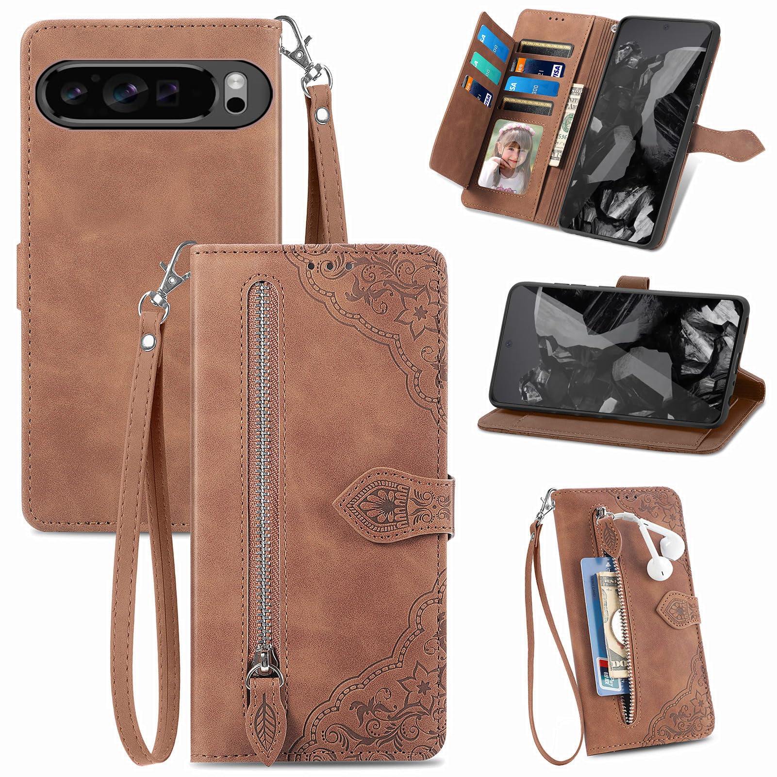 Furiet Wallet Case for Google Pixel 9/9 Pro 5G Wrist Strap Lanyard, Flower Pattern Zipper Pocket Leather Flip Card Holder Stand Folio Purse Phone