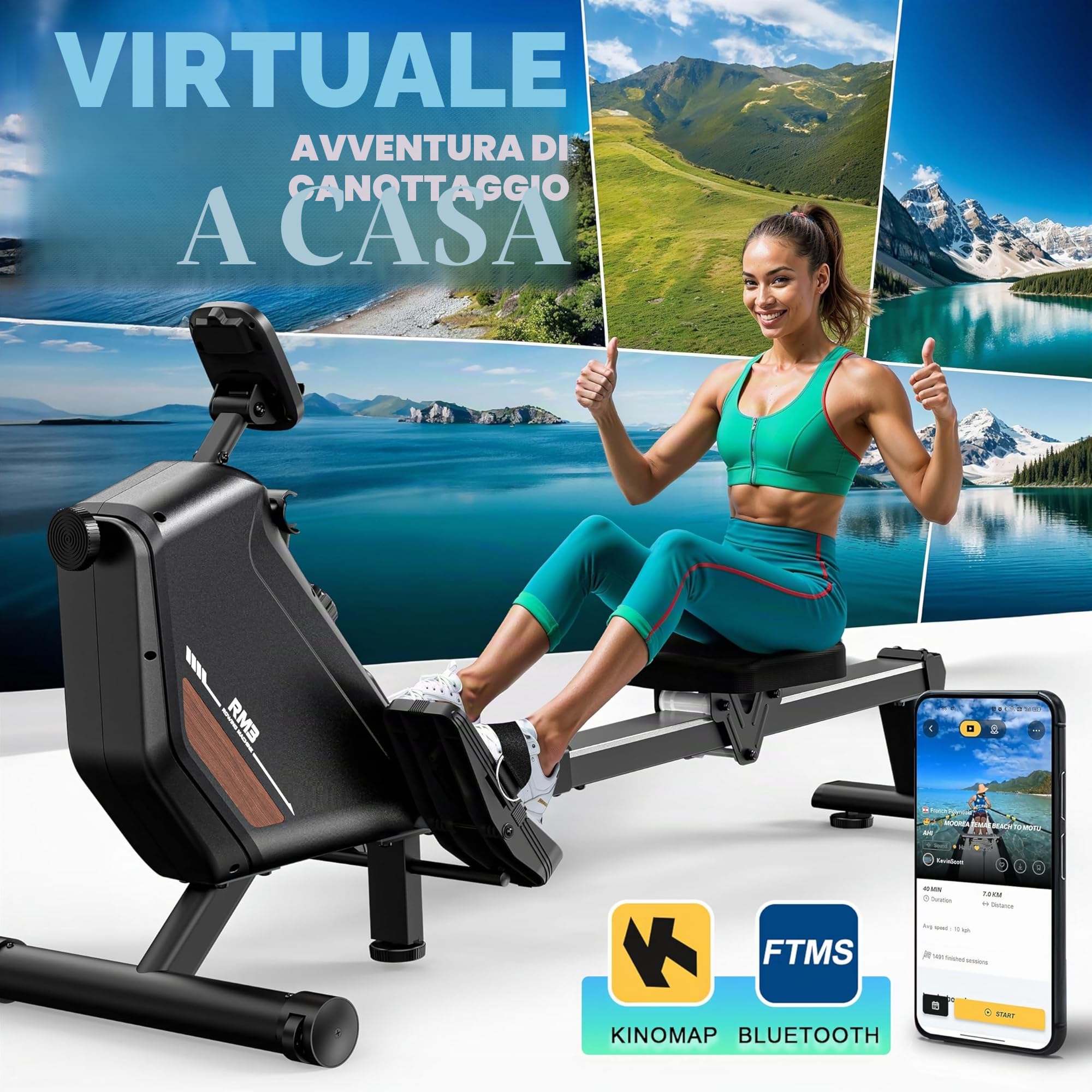 Vogatore per la casa con resistenza magnetica, vogatore con computer di bordo Bluetooth, supporto per tablet regolabile, capacità di carico 170 kg