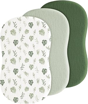 Baby Muslin Bassinet Sheets 3 Pack for Boys & Girls, Soft Breathable Cotton Bassinet Mattress Cover, Universal Fit for Hourglass, Oval, and Rectangle Mattress Leaf Green