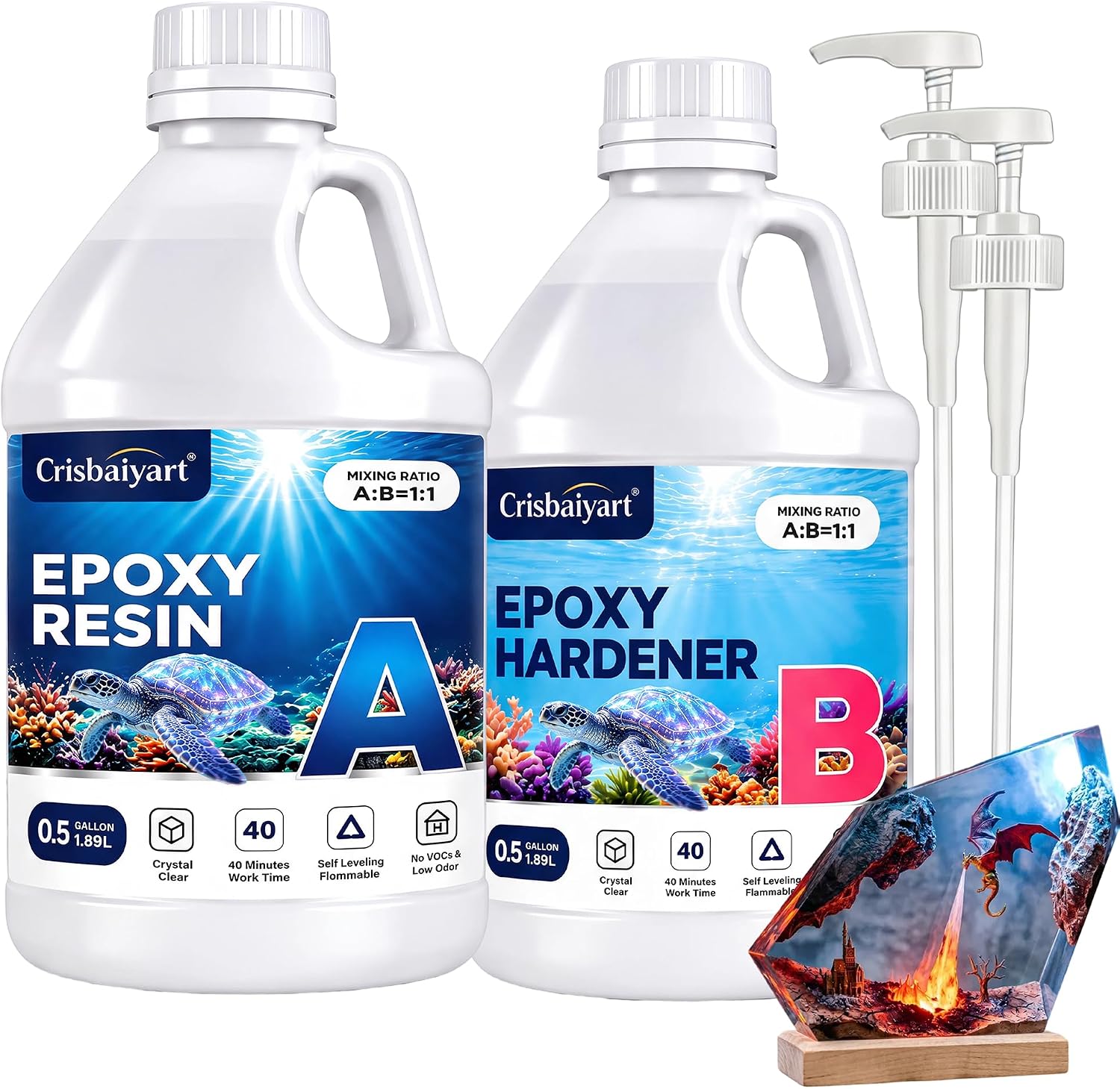 Epoxy Resin Kit: 1 gallons crystal-clear, bubble-free epoxy resin resists yellowing and cures quickly. Ideal for arts&crafts, tabletop casting, DIY jewelry making, mold casting (1:1 ratio)